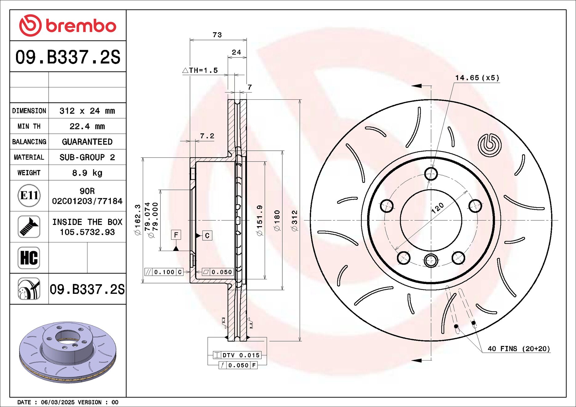 Disco freno BREMBO 09B3372S
