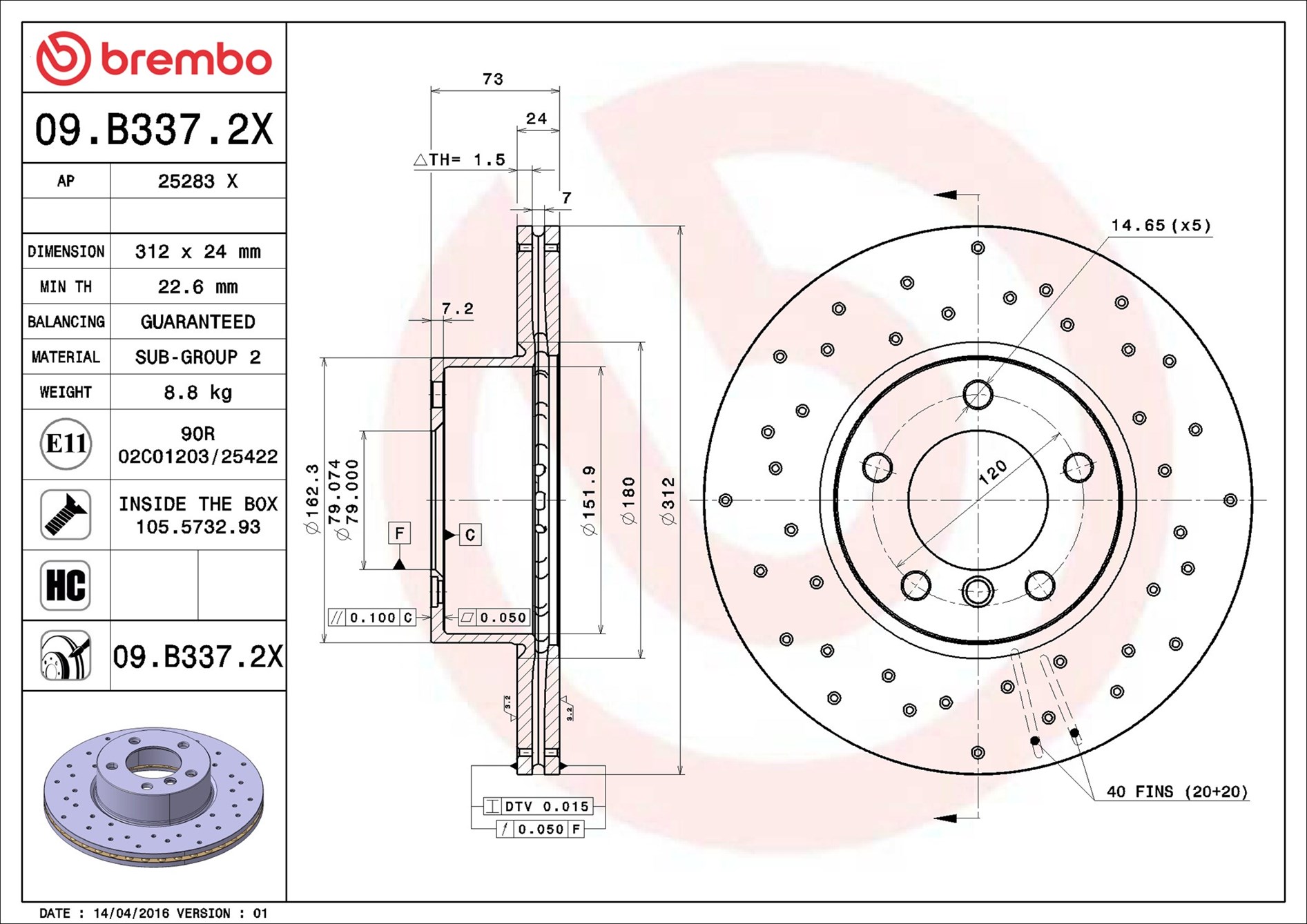 Disco freno BREMBO 09B3372X