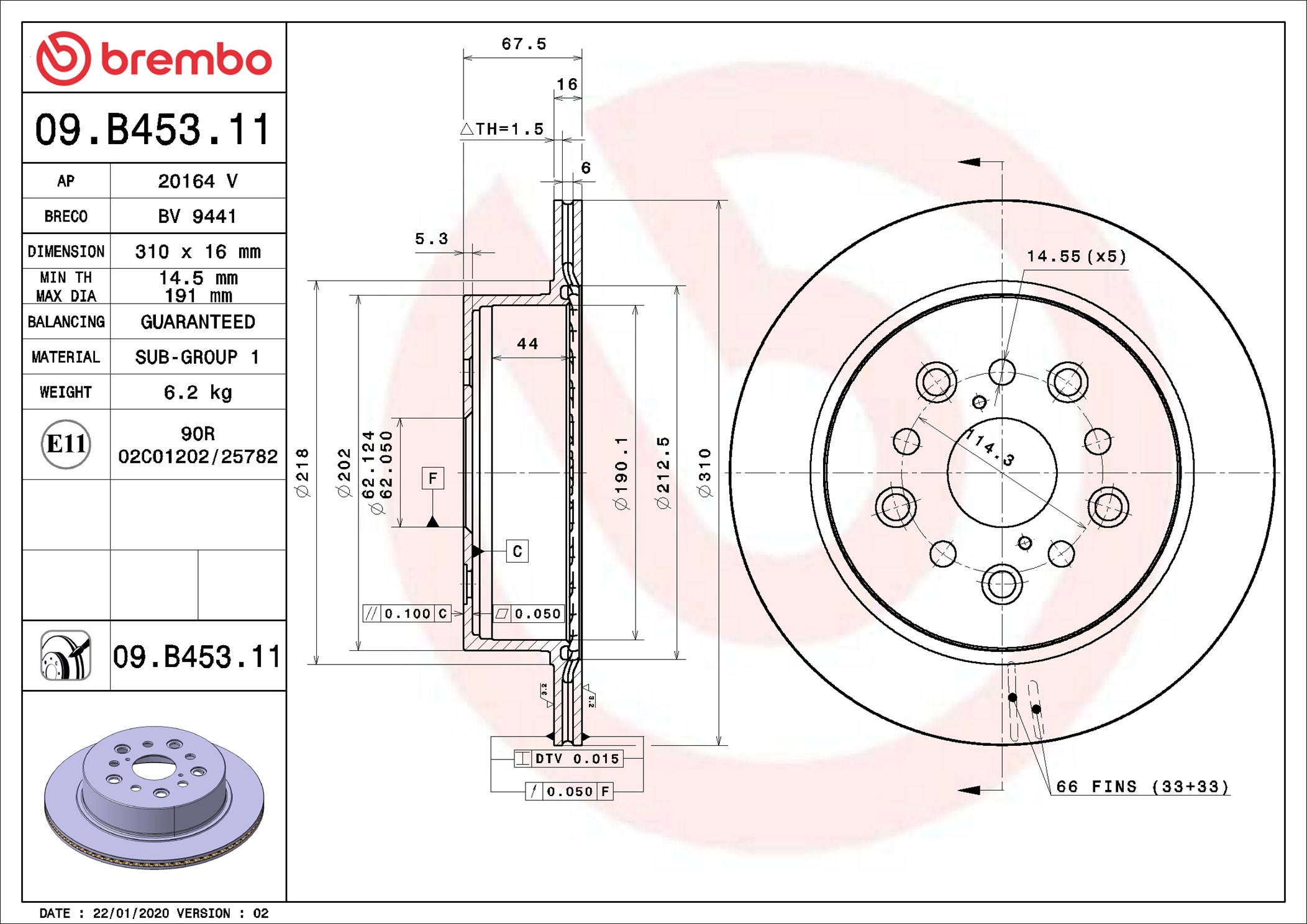 Disco freno BREMBO 09B45311