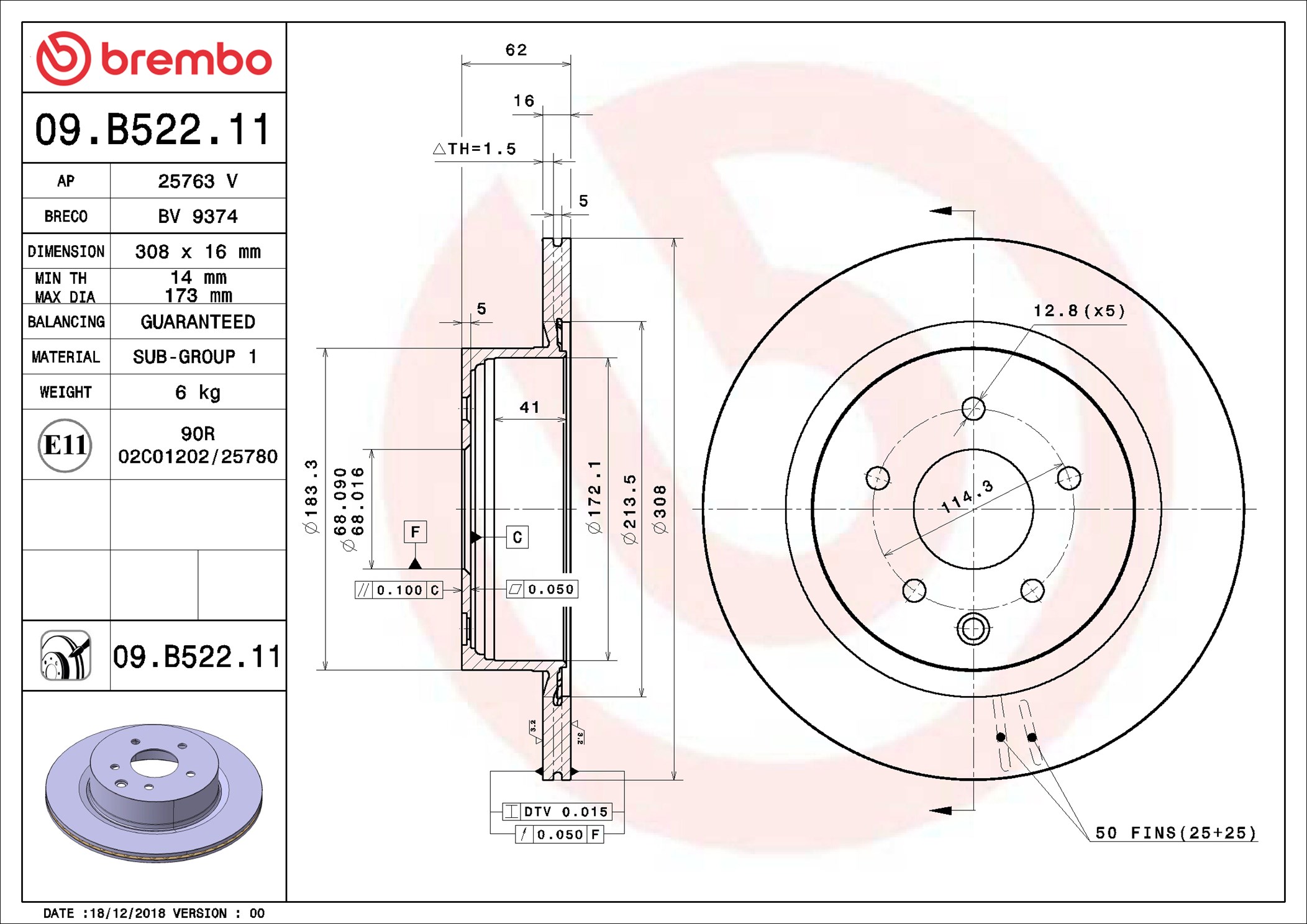 Disco freno BREMBO 09B52211