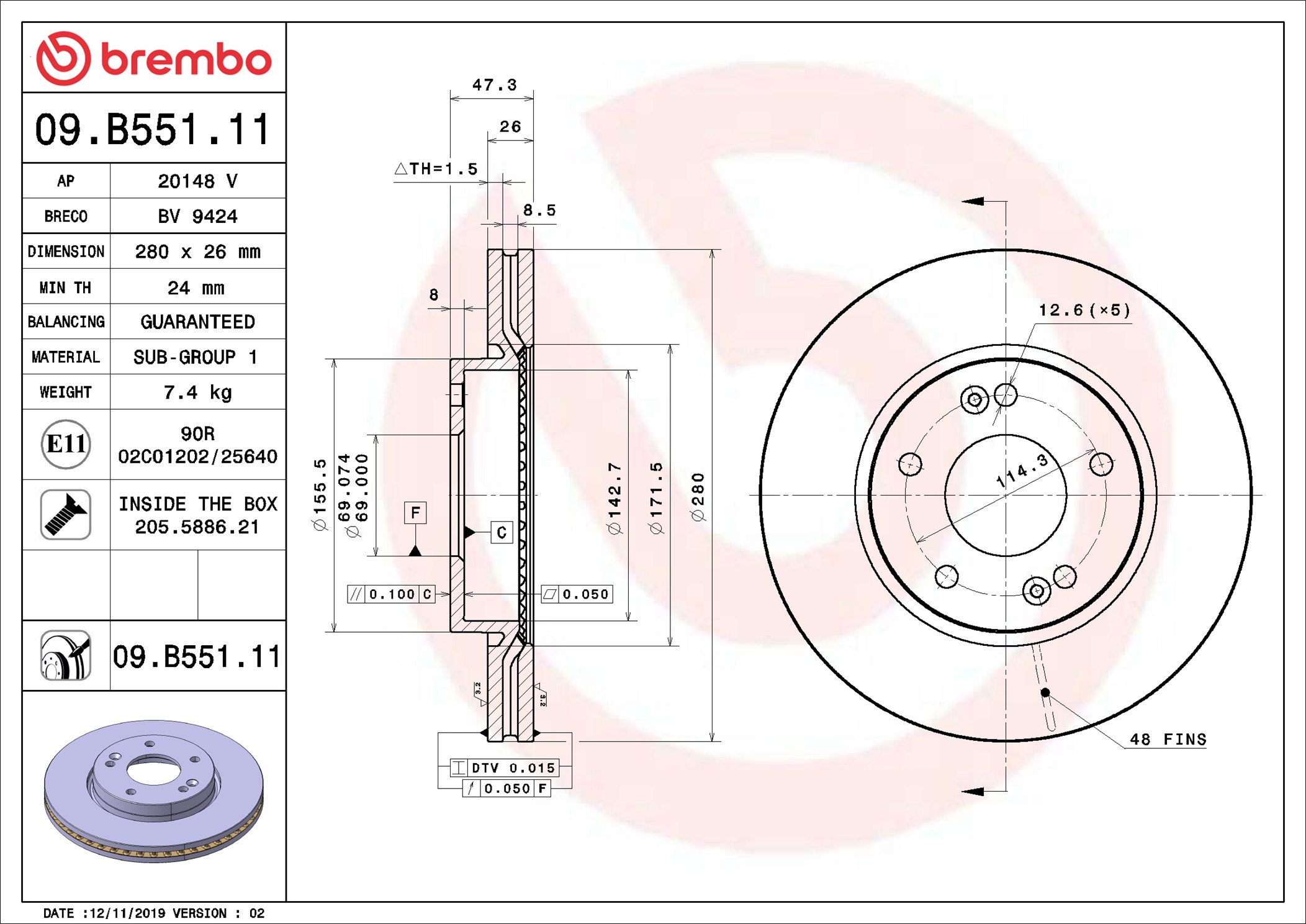 Disco freno BREMBO 09B55111