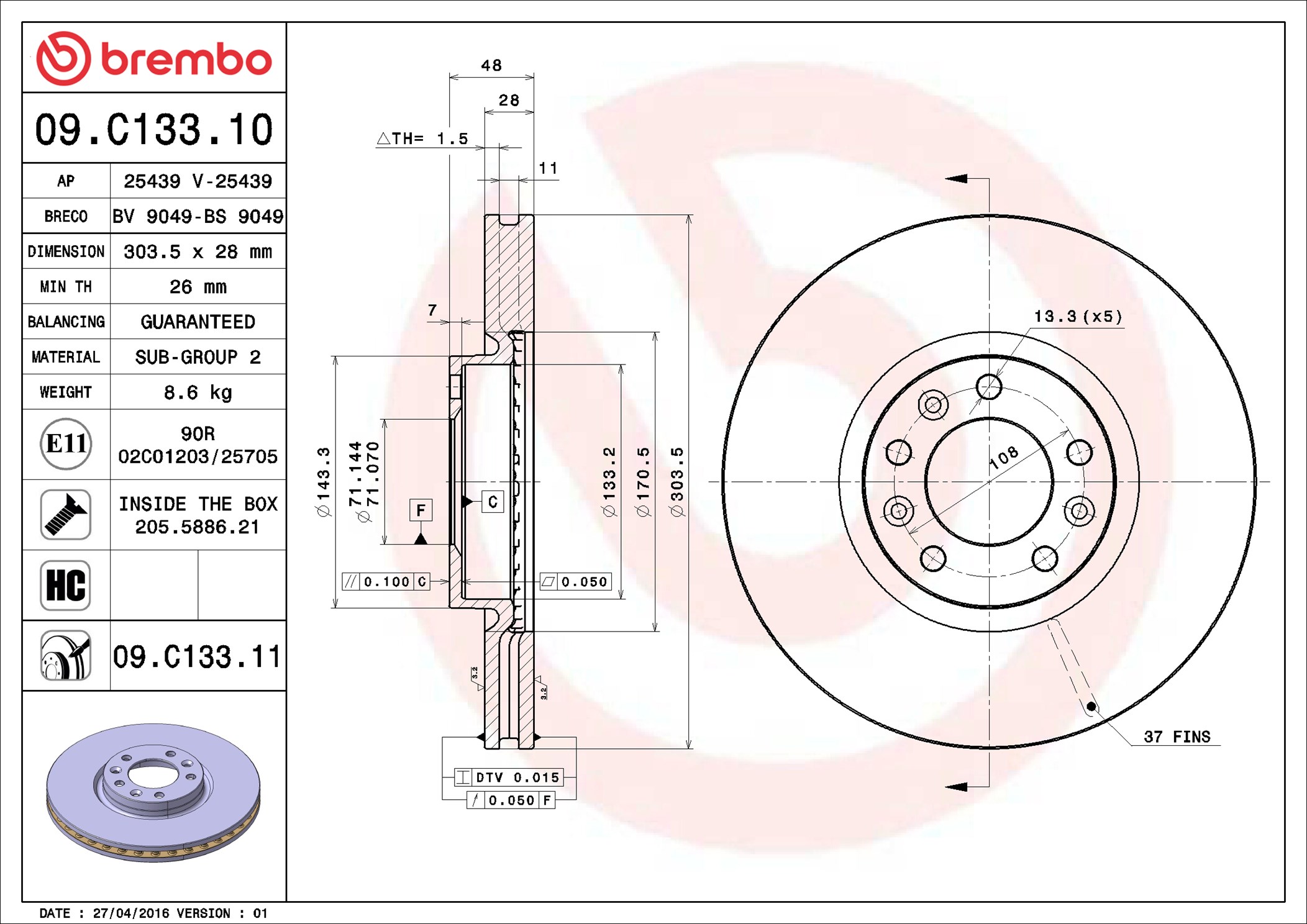 Disco freno BREMBO 09C13311