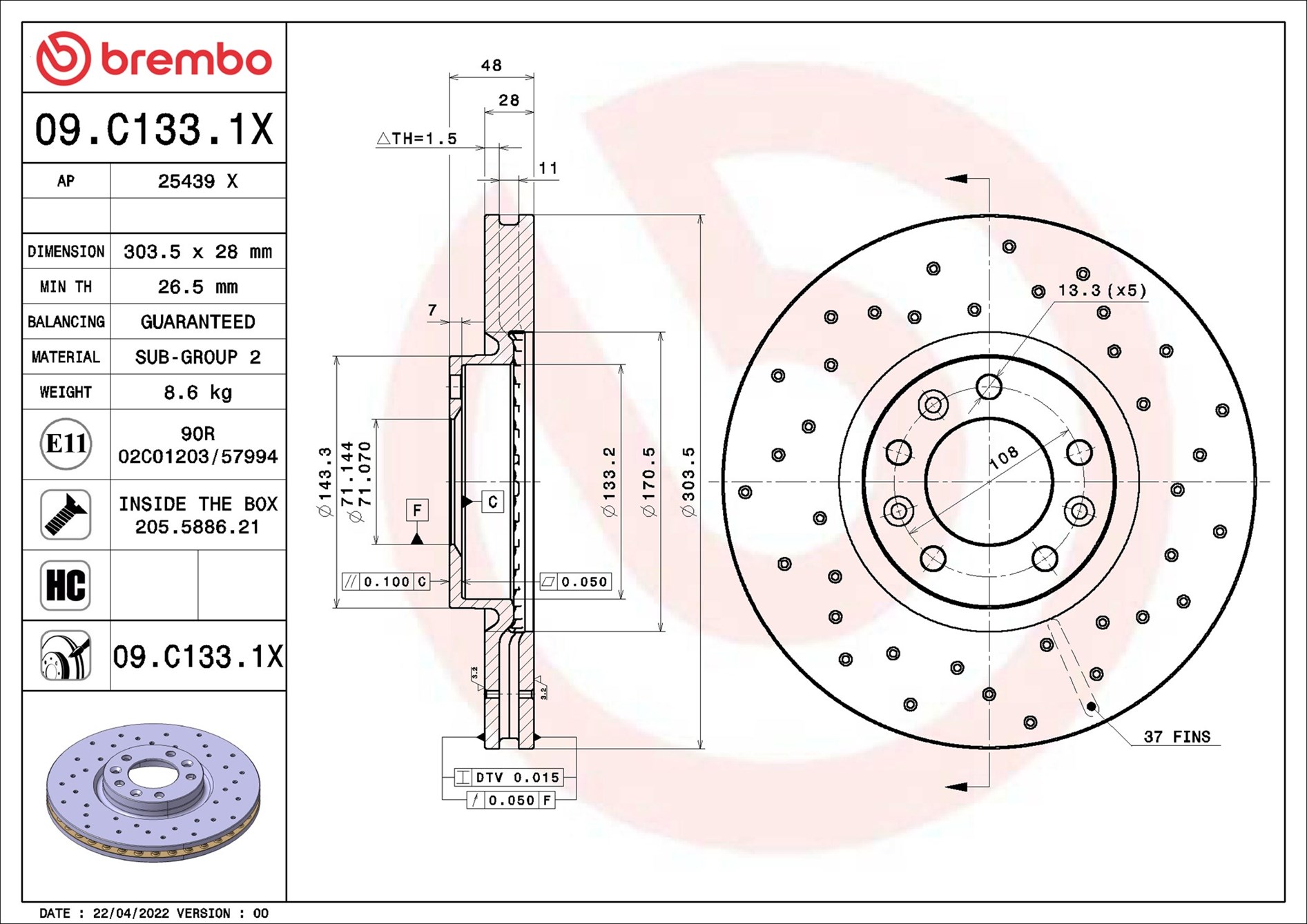 Disco freno BREMBO 09C1331X