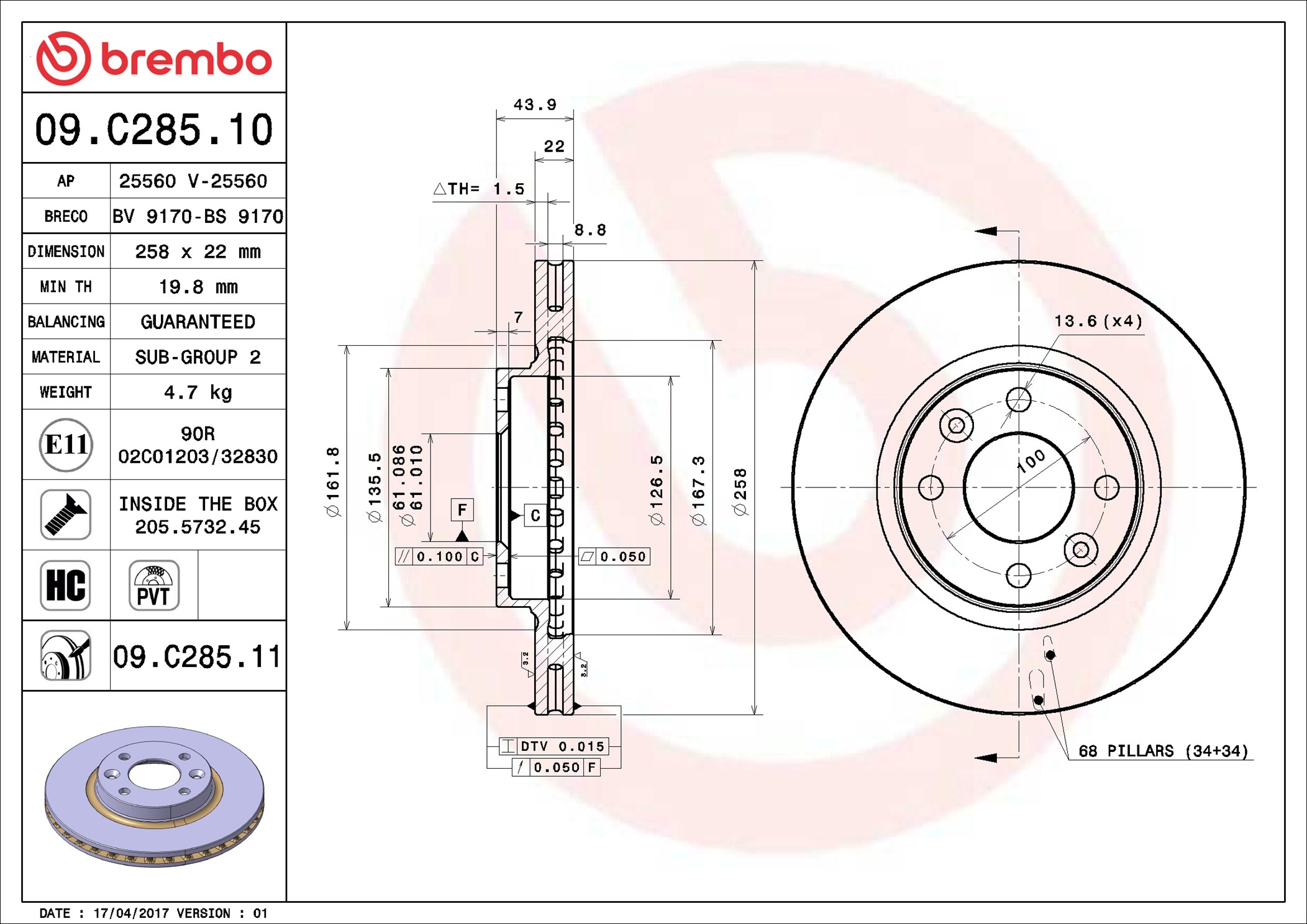 Disco freno BREMBO 09C28511