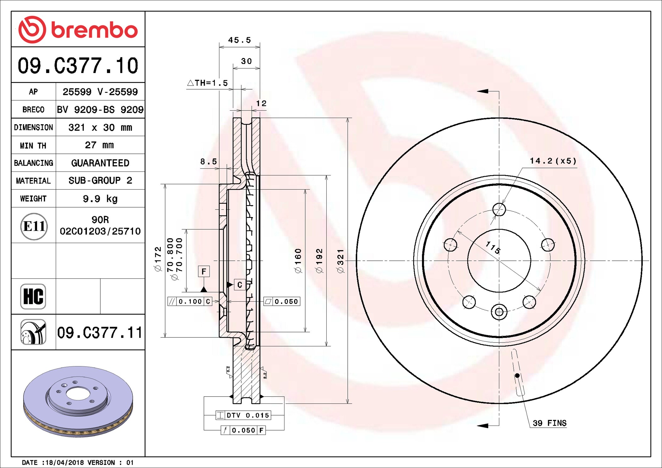 Disco freno BREMBO 09C37711