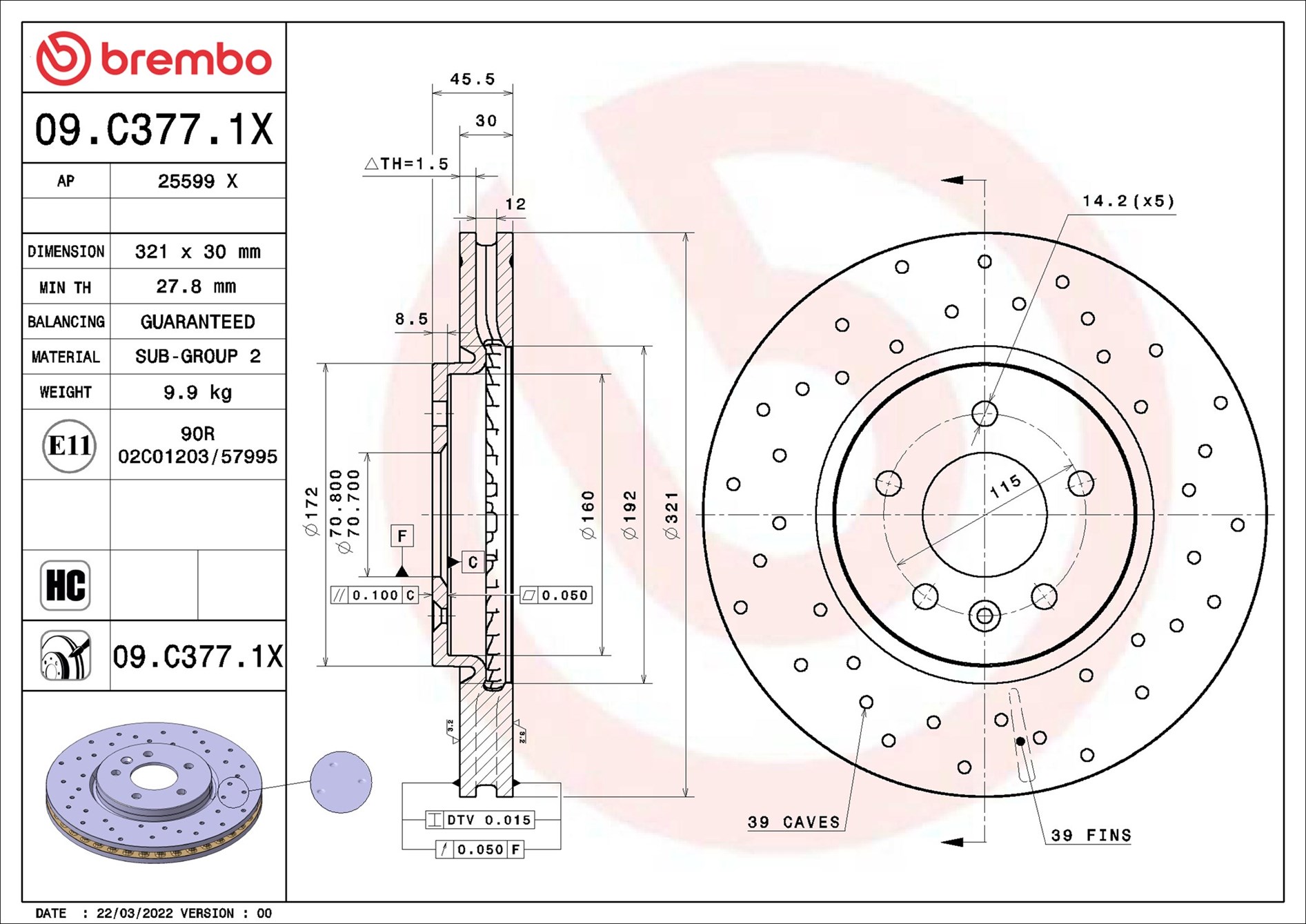 Disco freno BREMBO 09C3771X