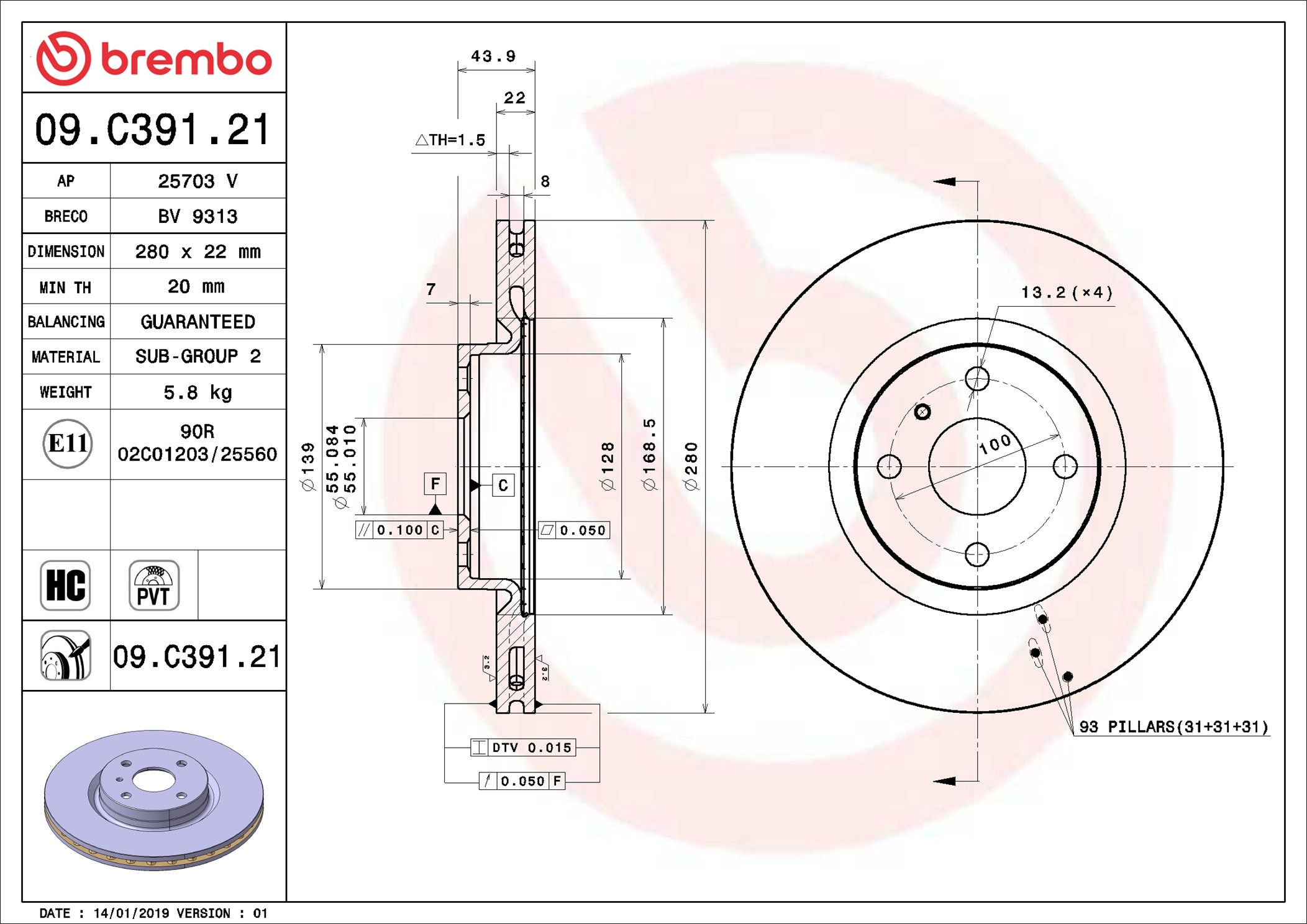 Disco freno BREMBO 09C39121