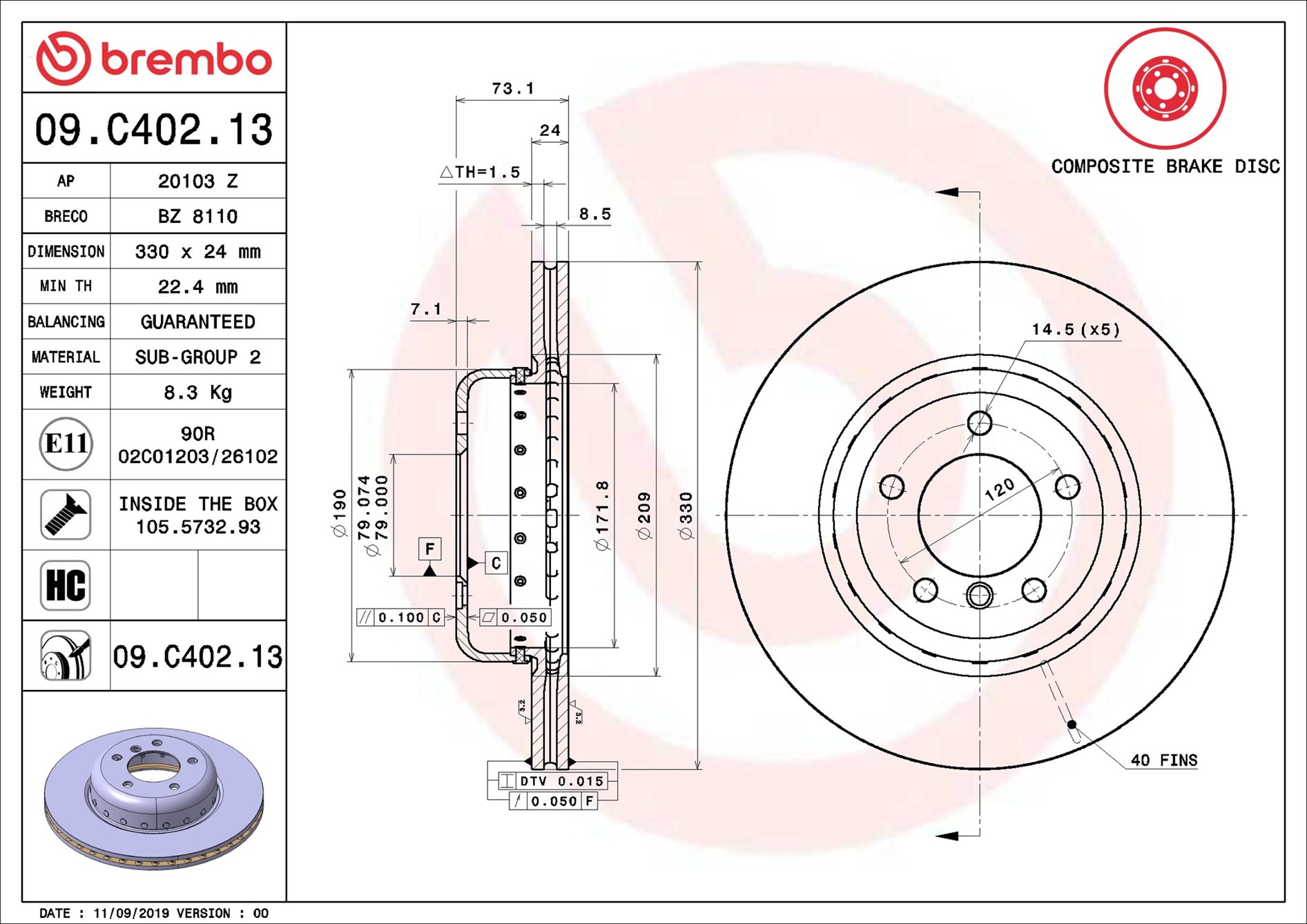 Disco freno BREMBO 09C40213