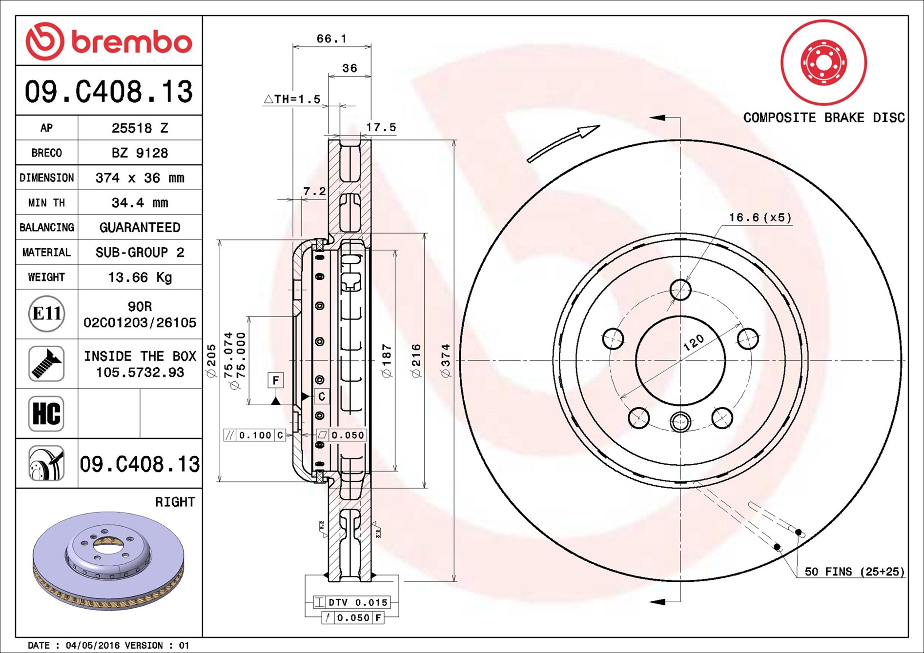 Disco freno BREMBO 09C40813