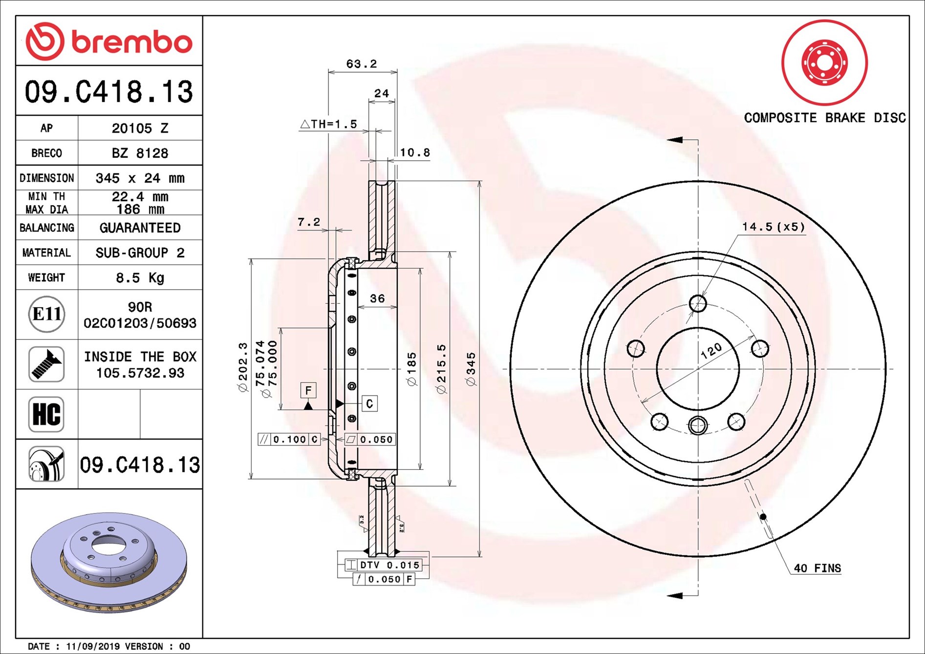 Disco freno BREMBO 09C41813