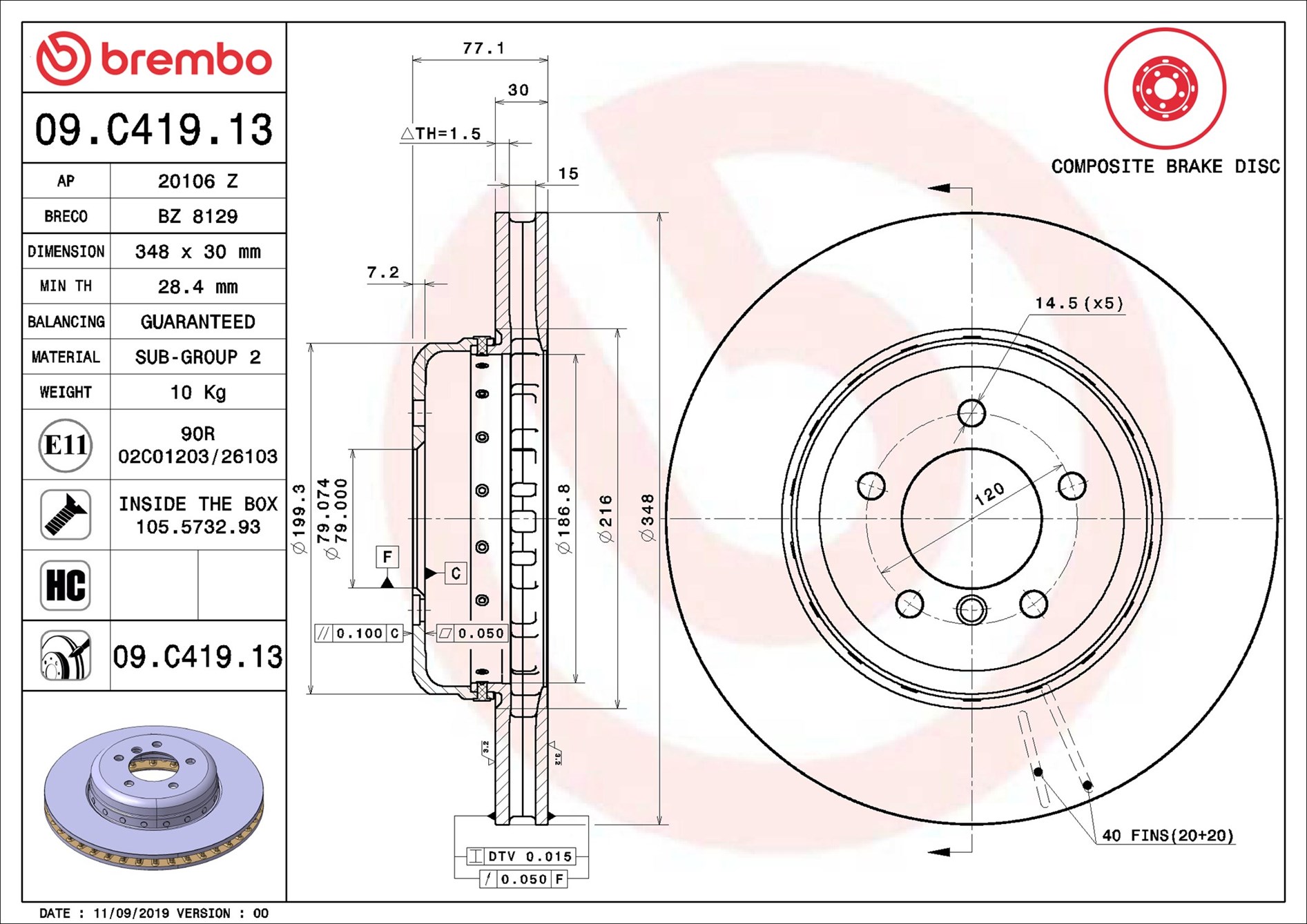 Disco freno BREMBO 09C41913