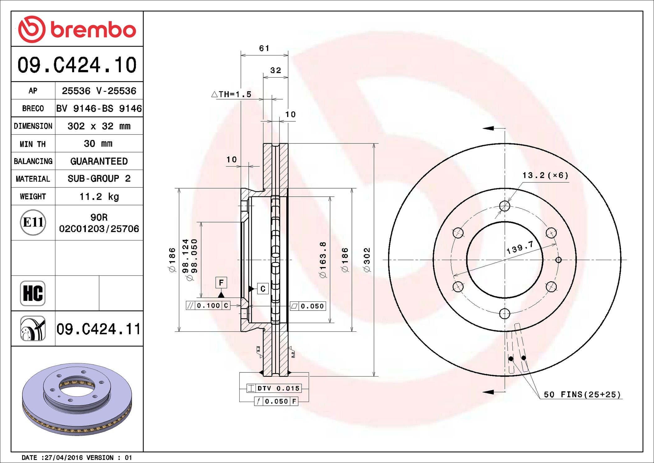 Disco freno BREMBO 09C42411