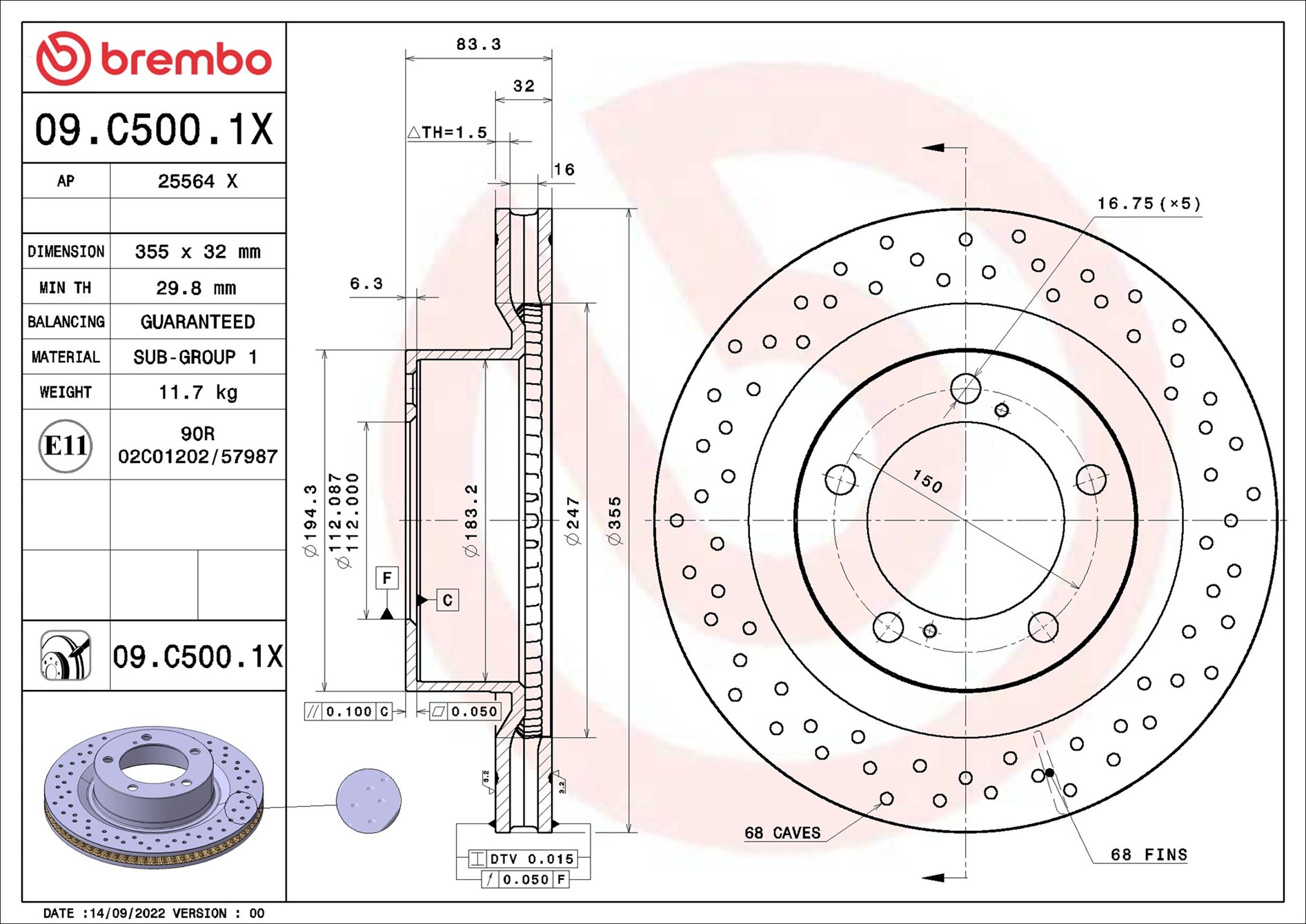 Disco freno BREMBO 09C5001X