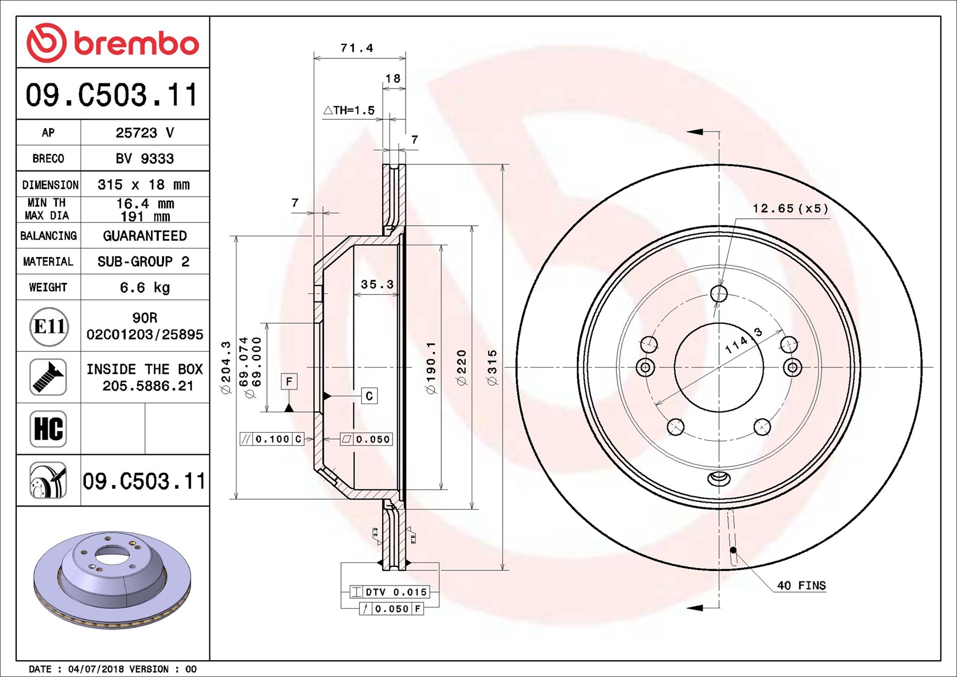 Disco freno BREMBO 09C50311