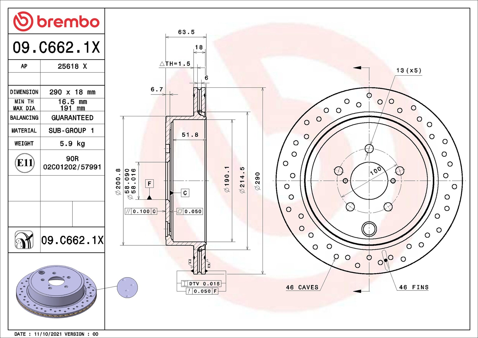 Disco freno BREMBO 09C6621X