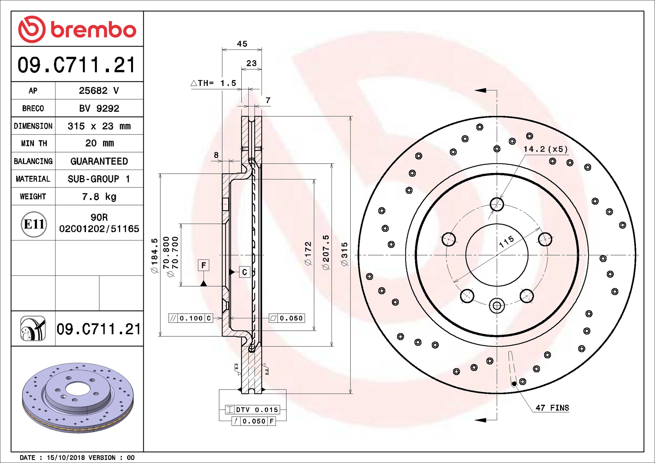Disco freno BREMBO 09C71121