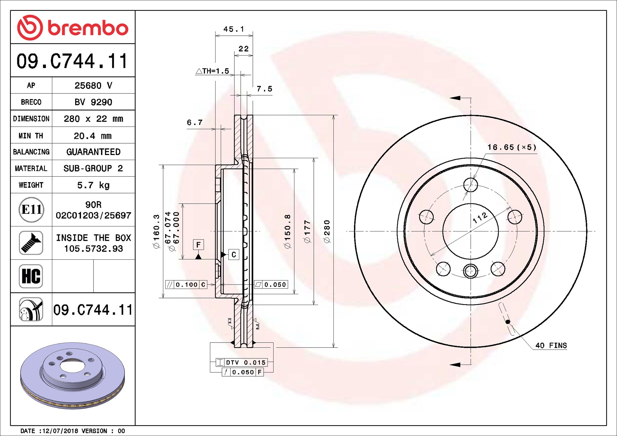 Disco freno BREMBO 09C74411