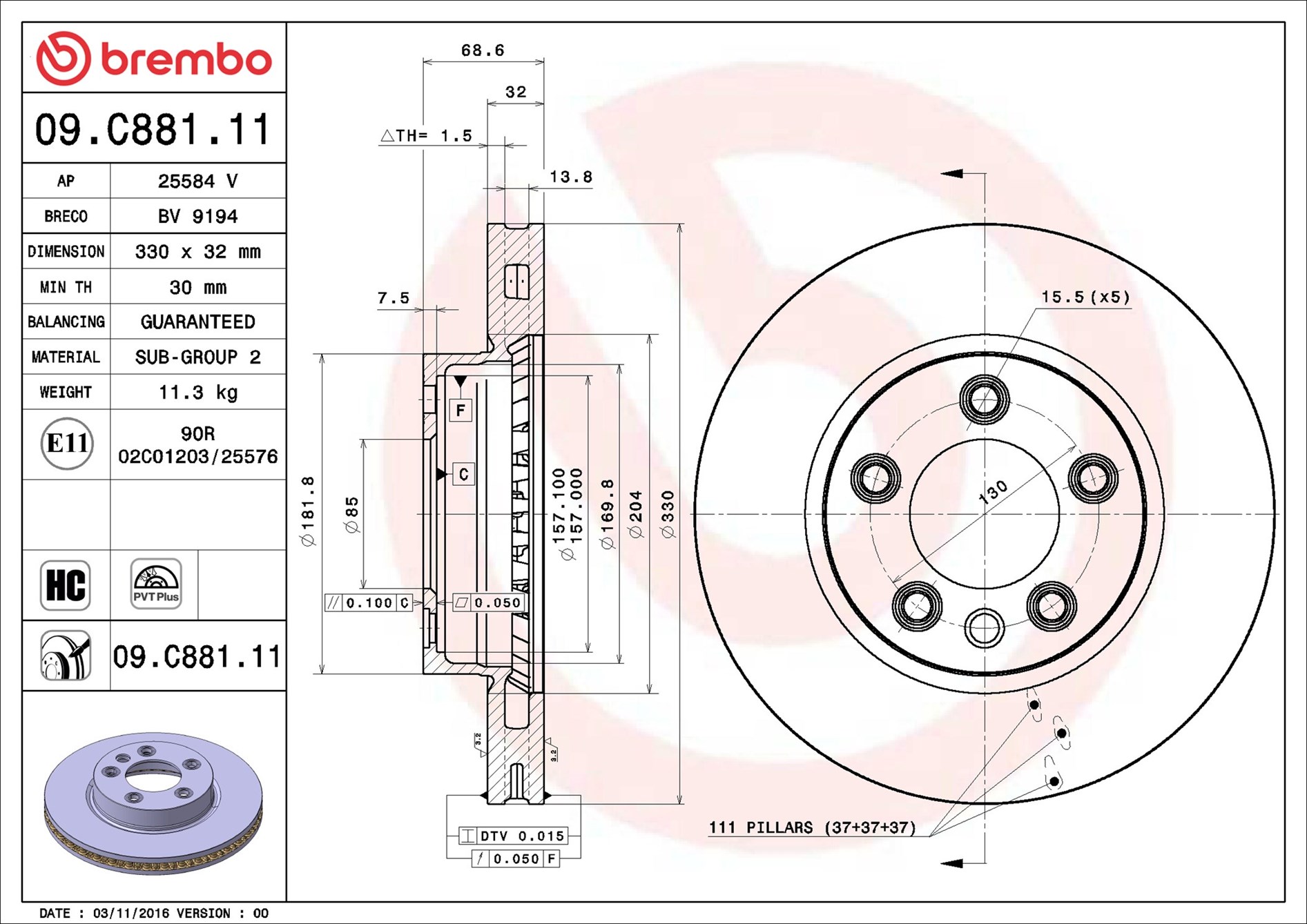 Disco freno BREMBO 09C88111