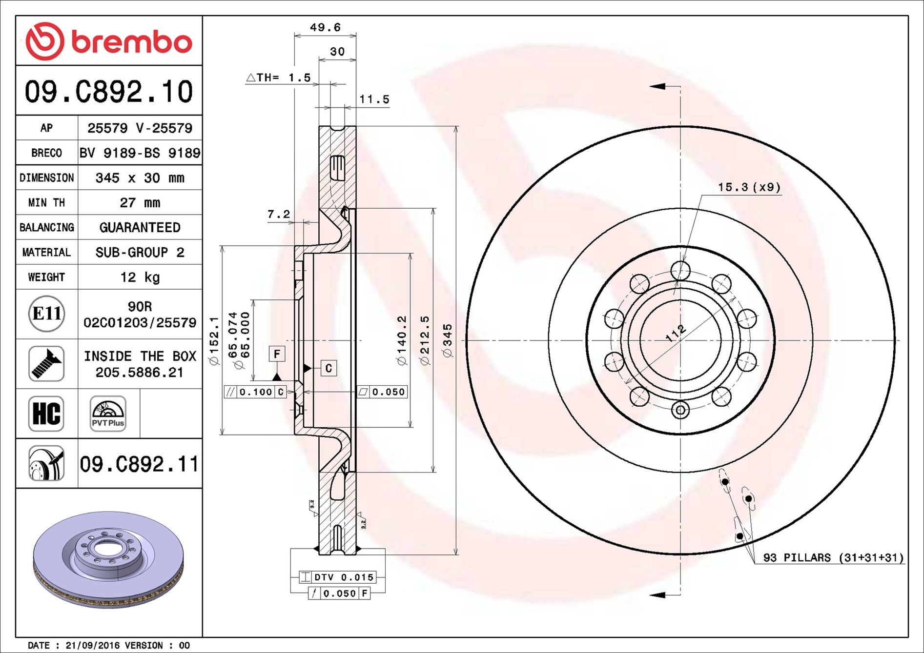 Disco freno BREMBO 09C89211