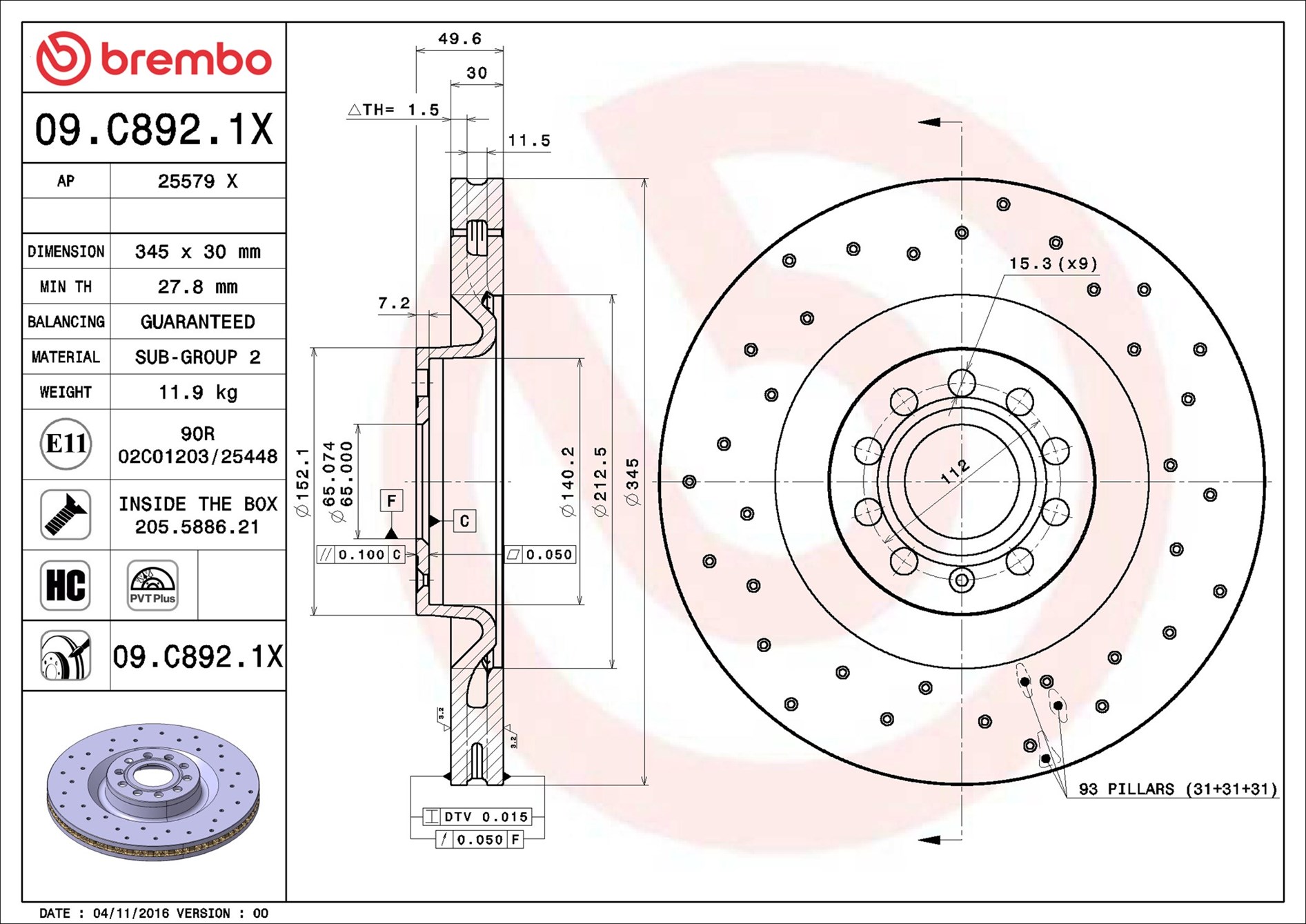 Disco freno BREMBO 09C8921X