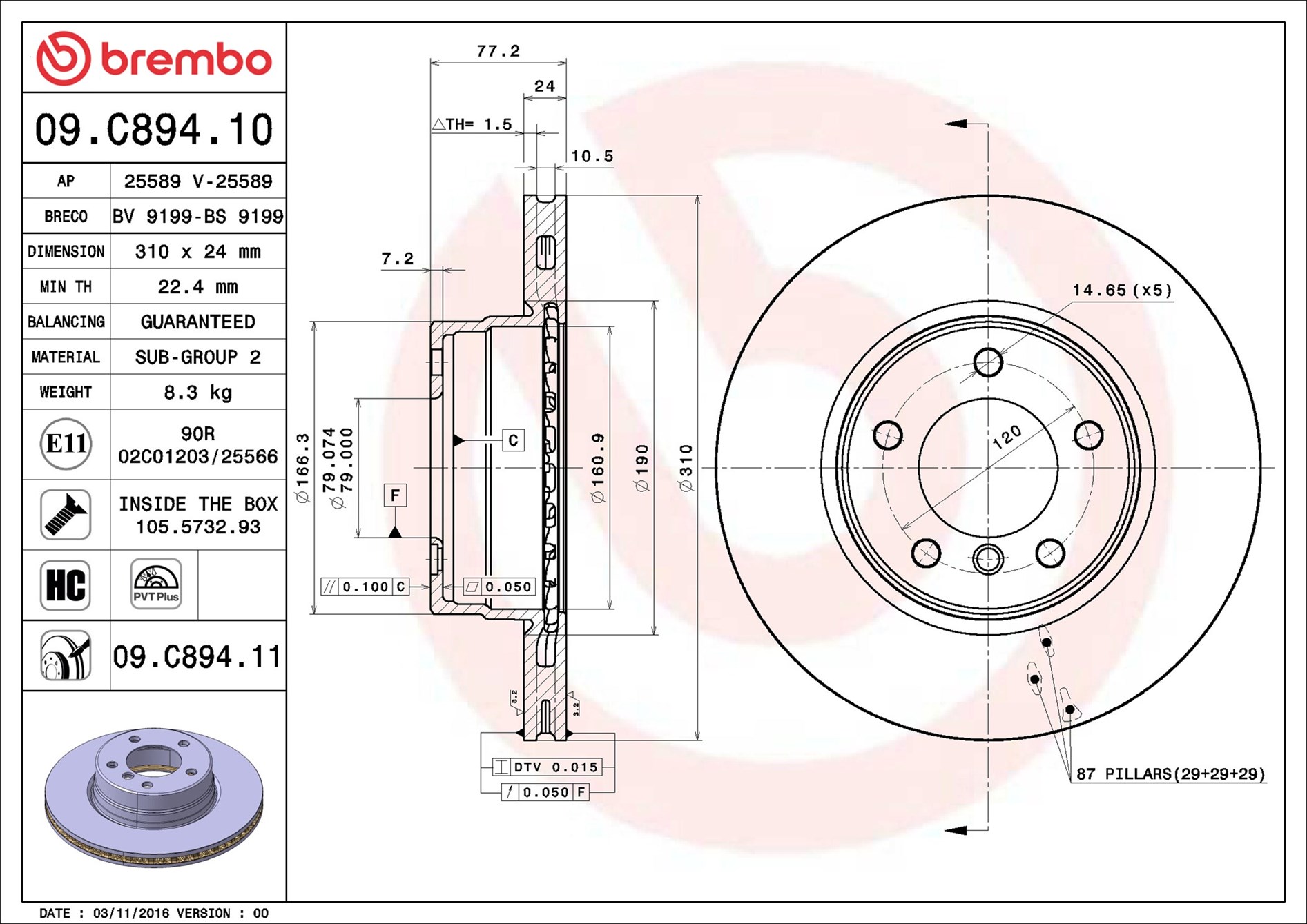Disco freno BREMBO 09C89411
