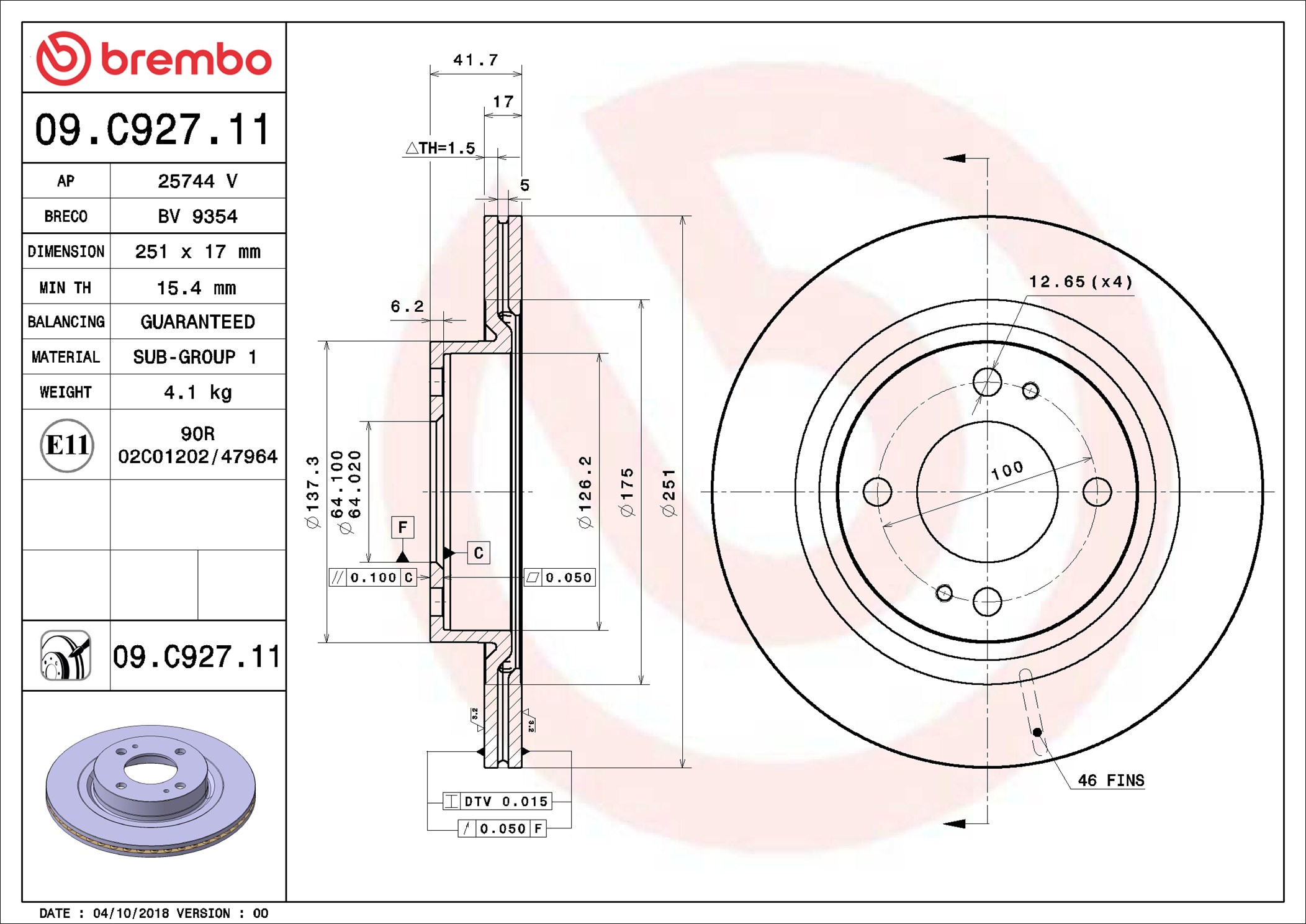 Disco freno BREMBO 09C92711