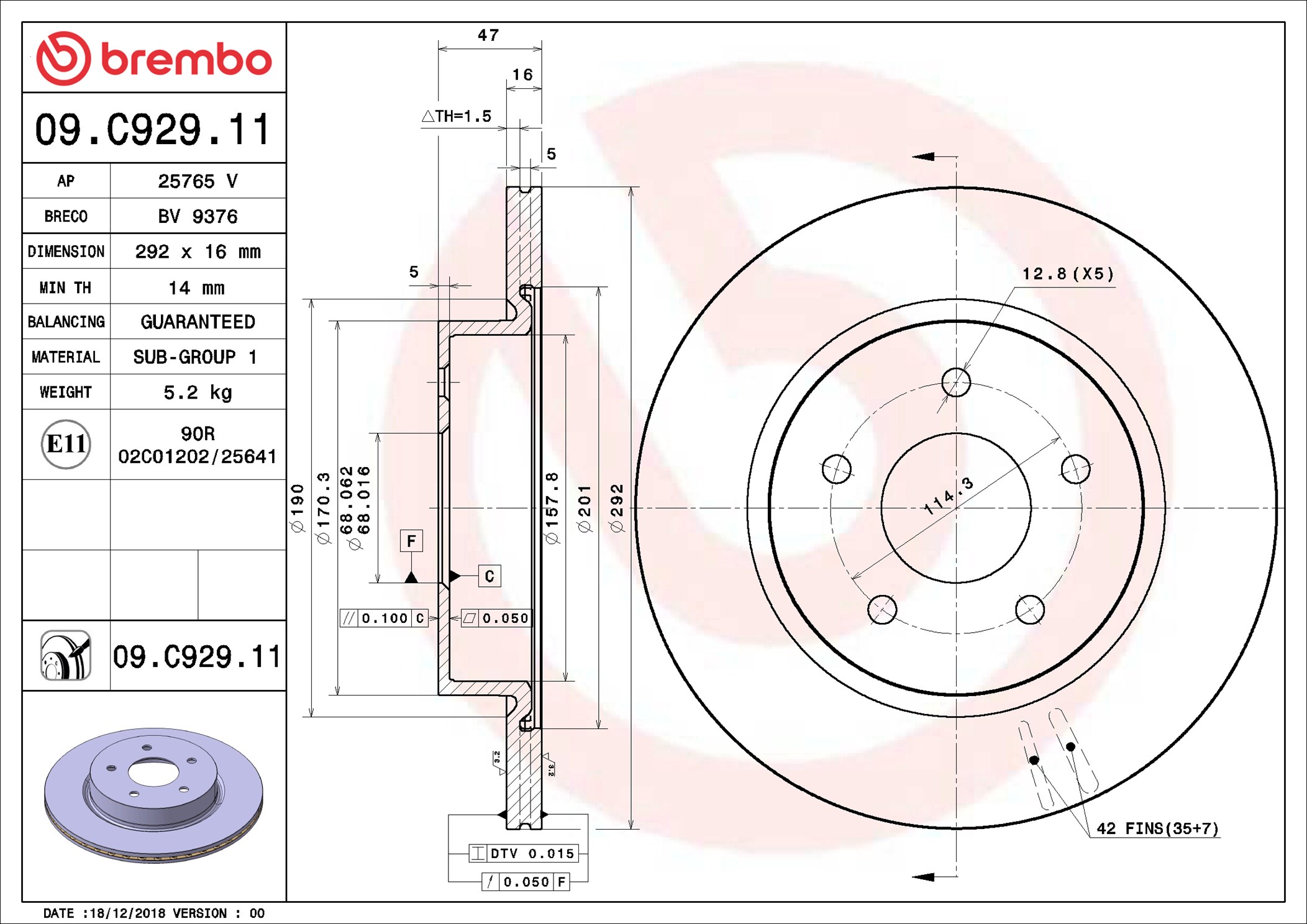Disco freno BREMBO 09C92911