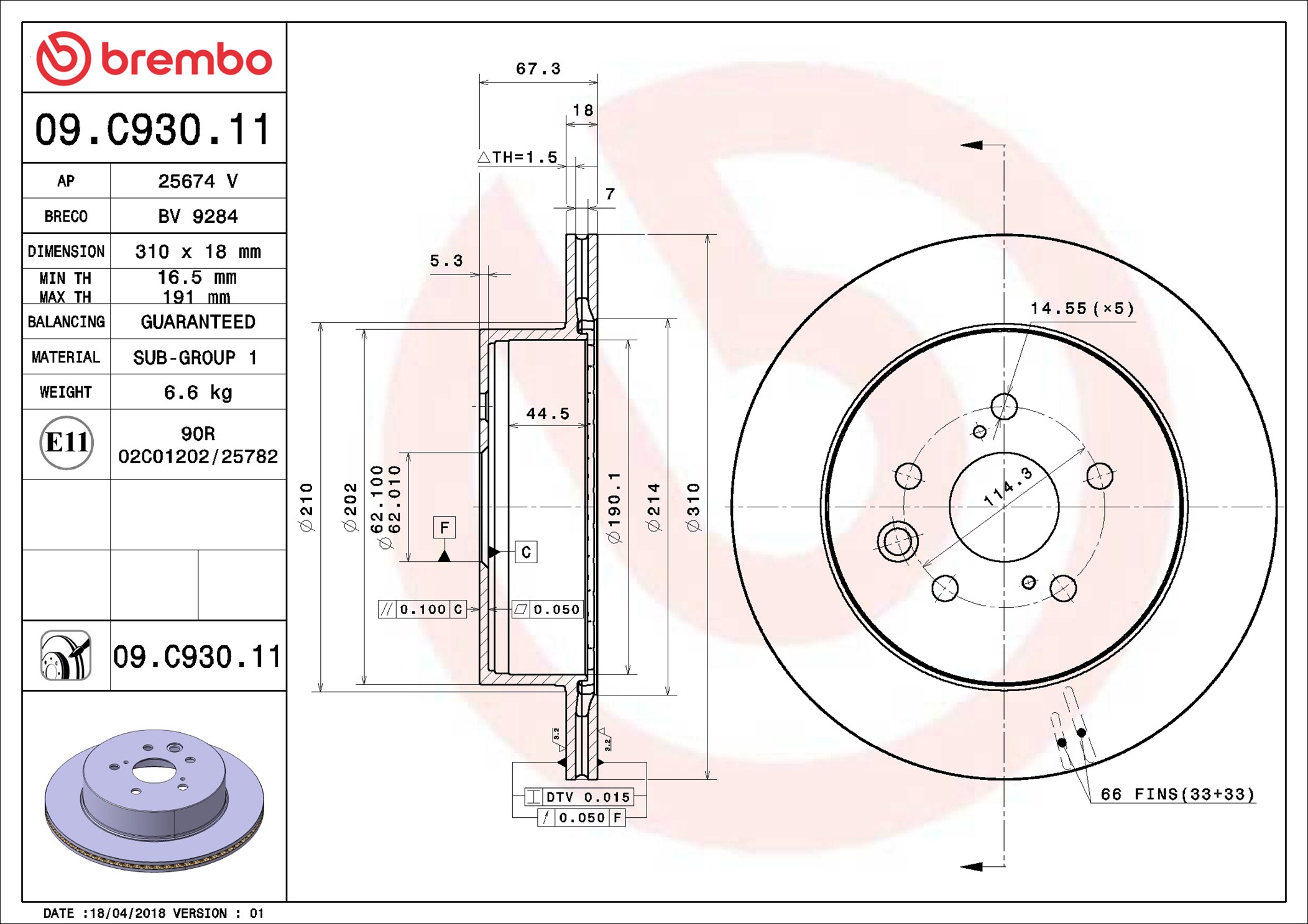 Disco freno BREMBO 09C93011