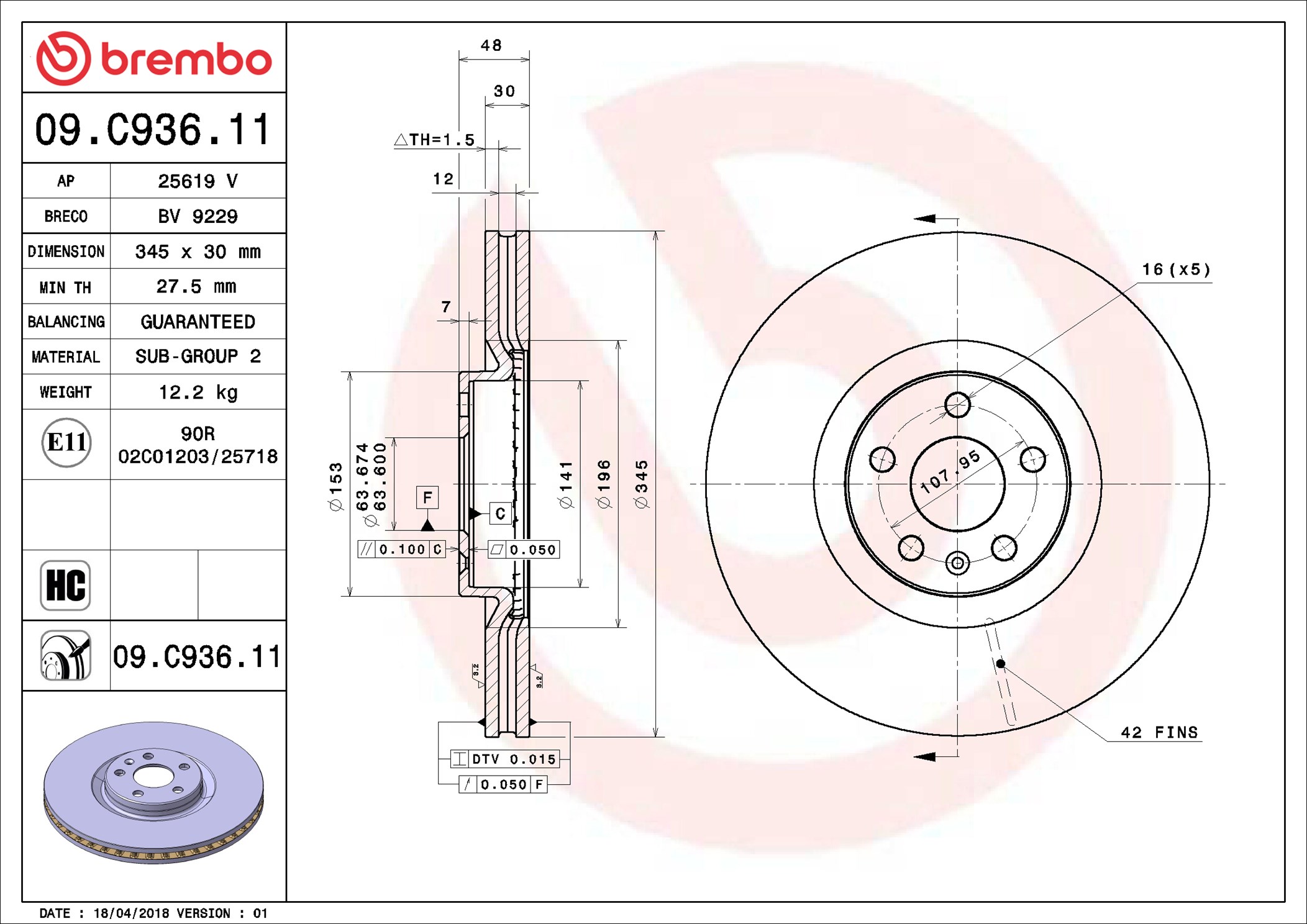 Disco freno BREMBO 09C93611