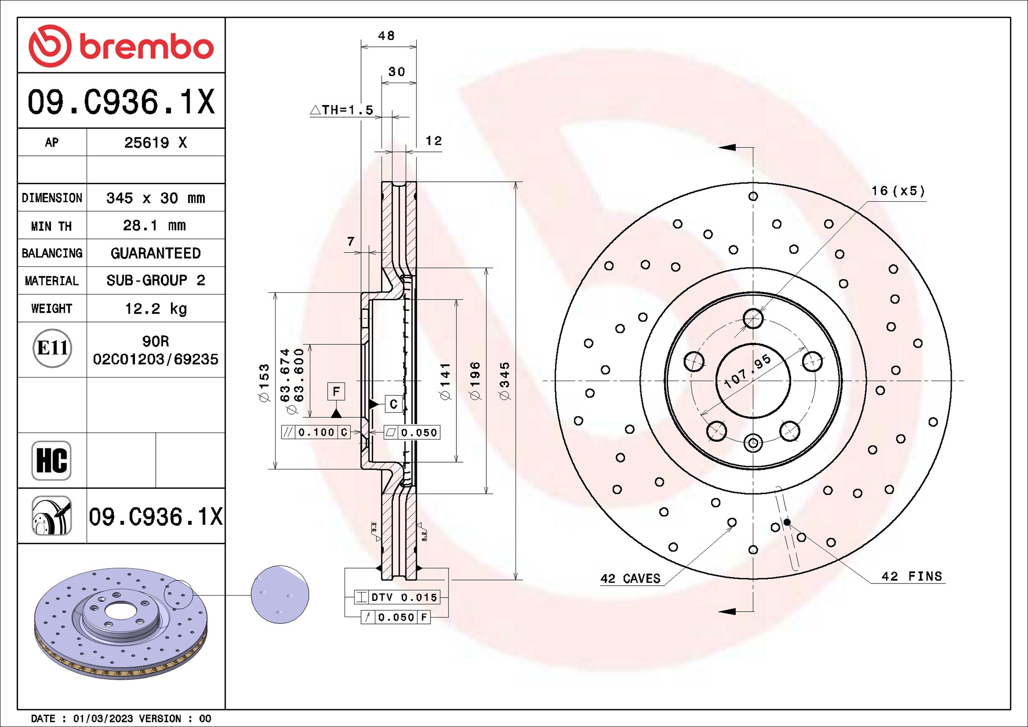 Disco freno BREMBO 09C9361X