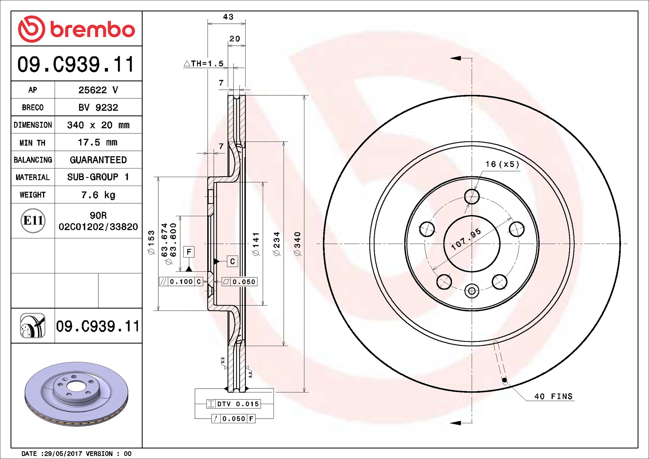 Disco freno BREMBO 09C93911