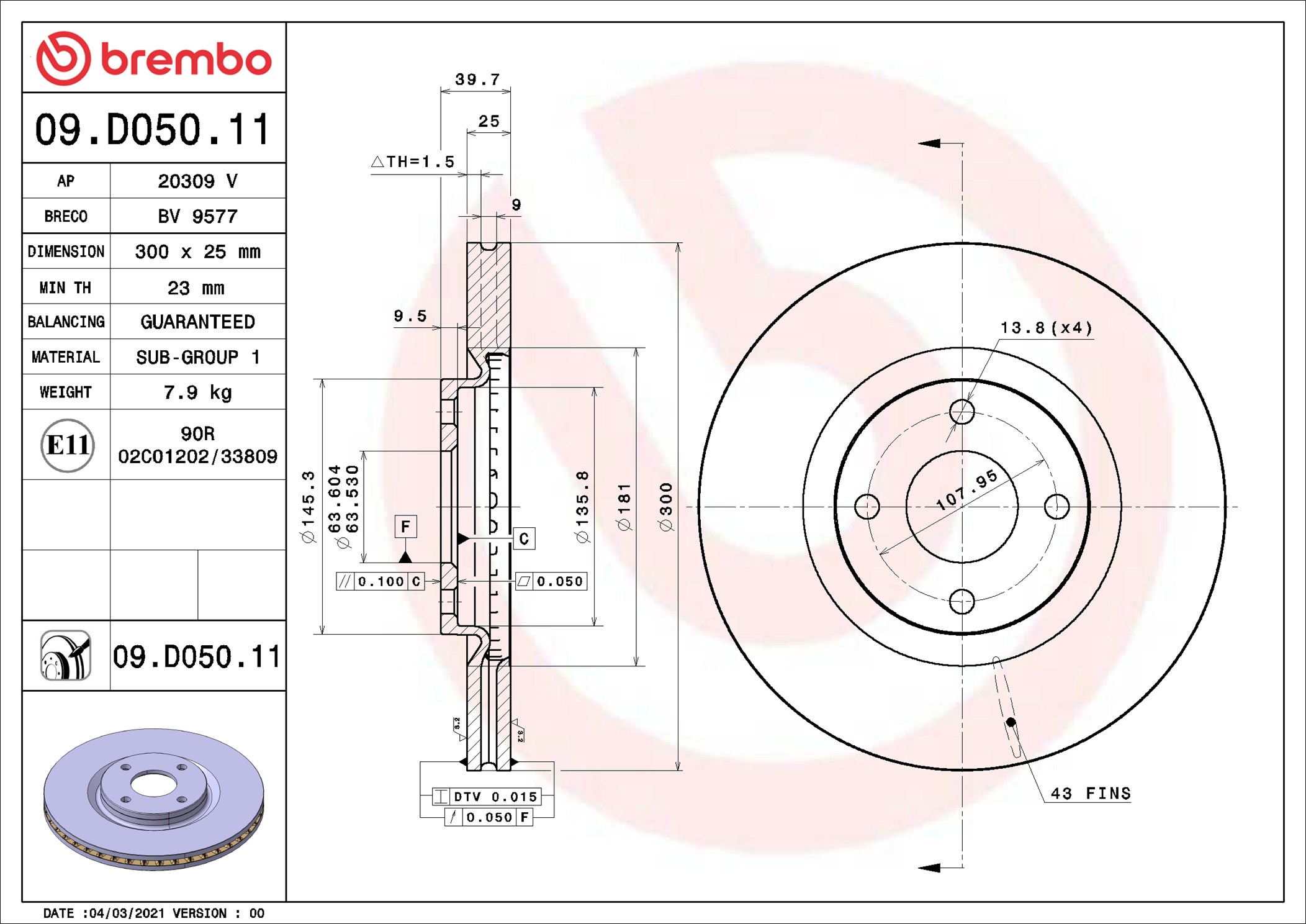Disco freno BREMBO 09D05011