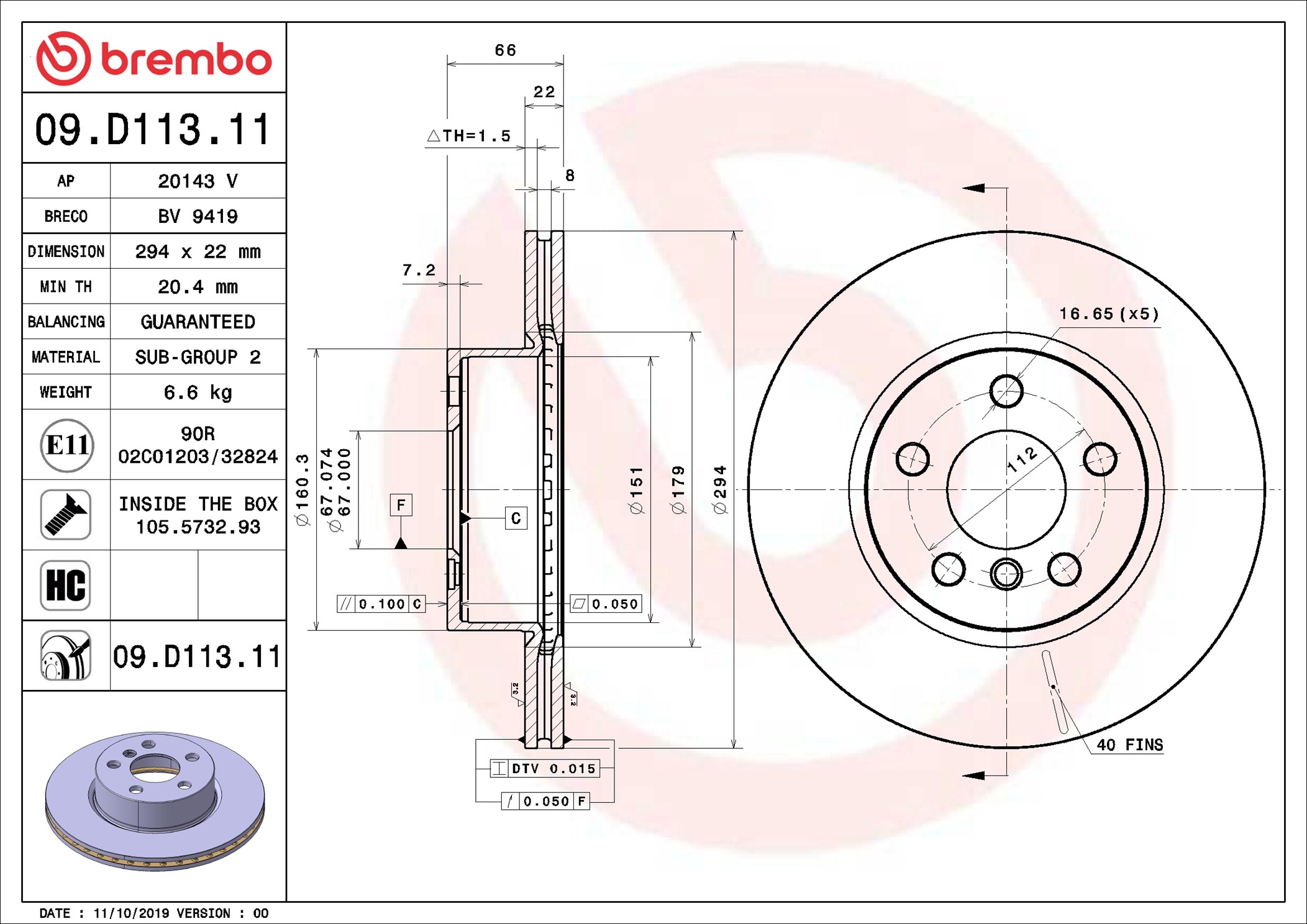 Disco freno BREMBO 09D11311