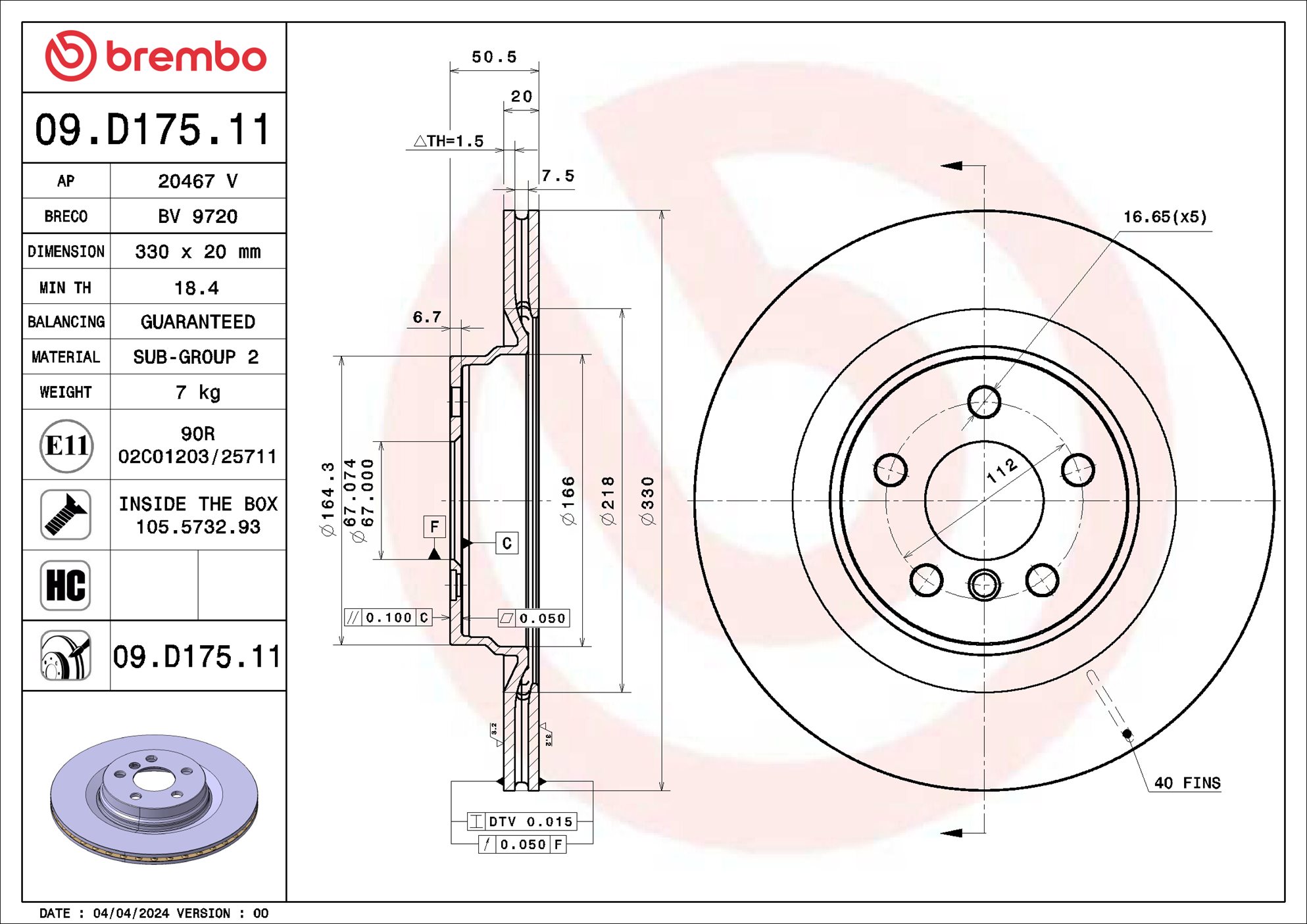 Disco freno BREMBO 09D17511
