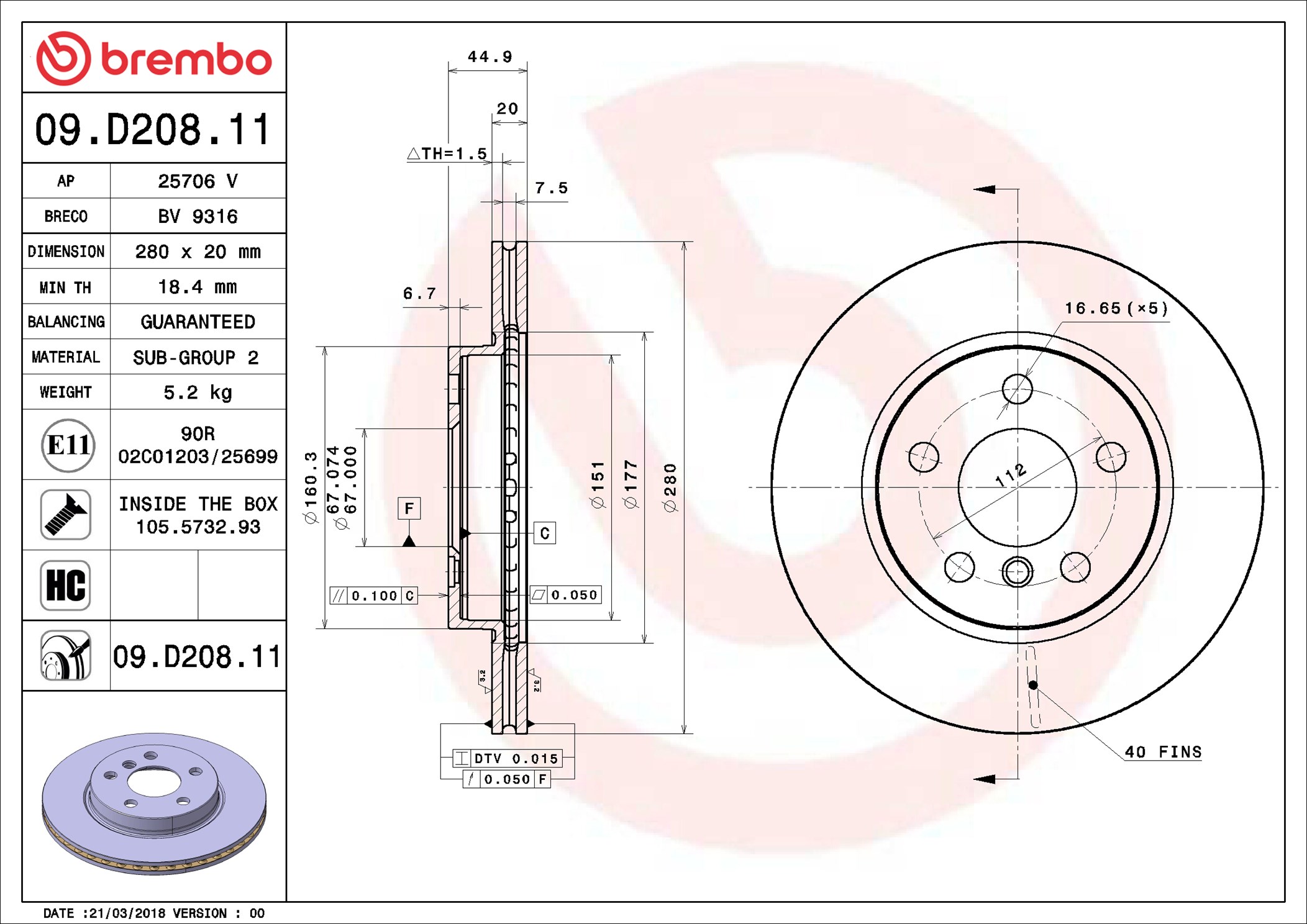 Disco freno BREMBO 09D20811