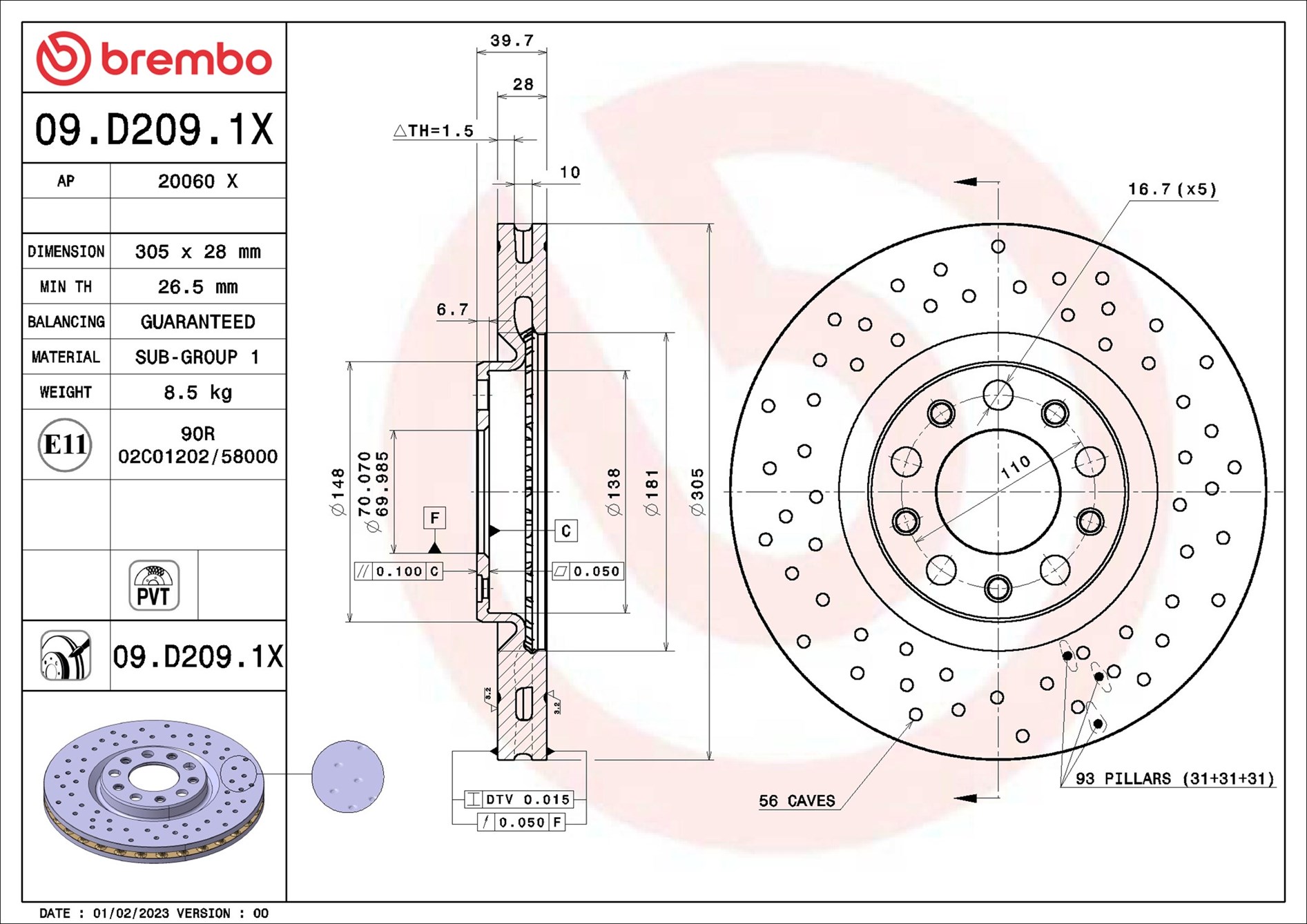 Disco freno BREMBO 09D2091X