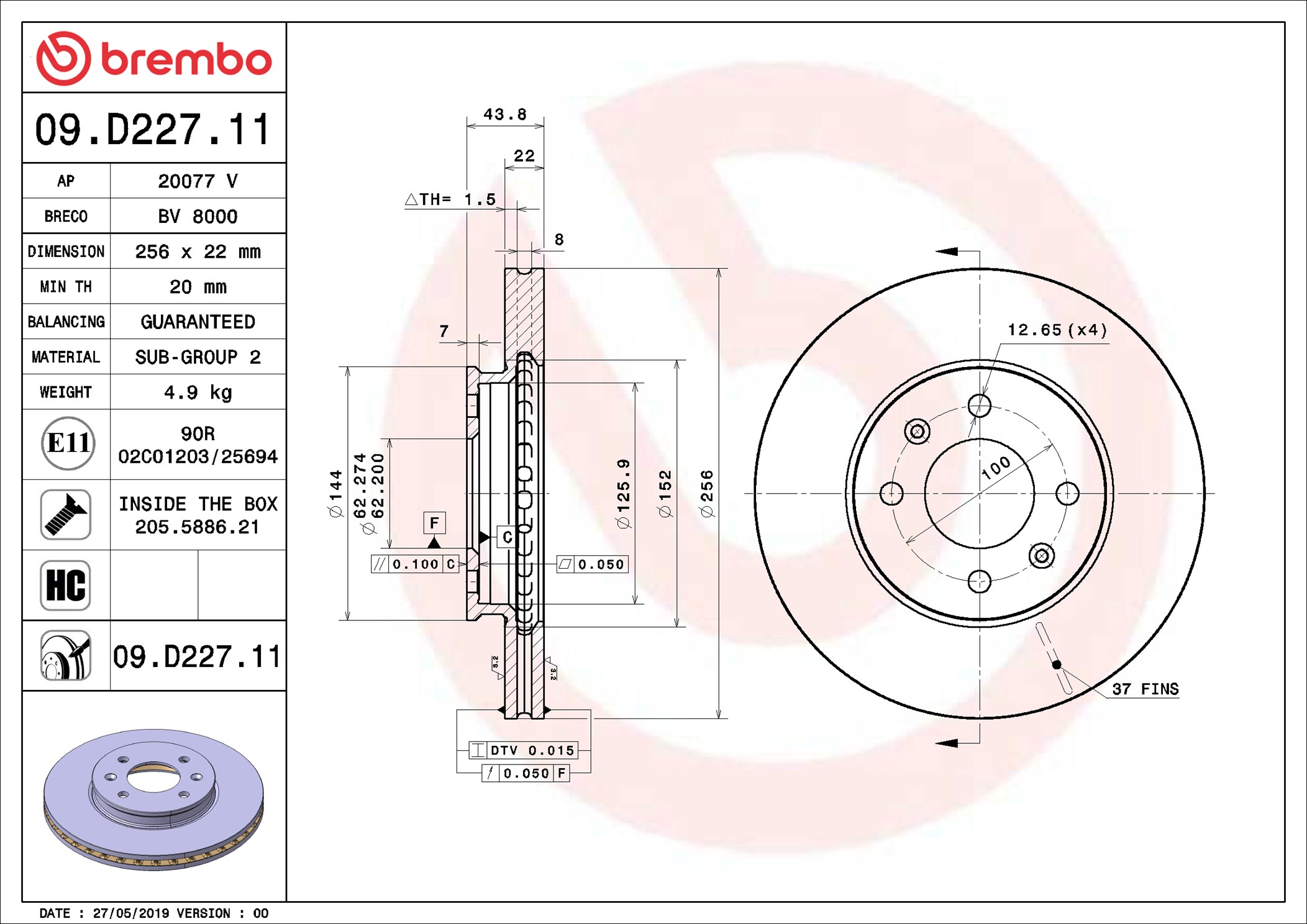 Disco freno BREMBO 09D22711