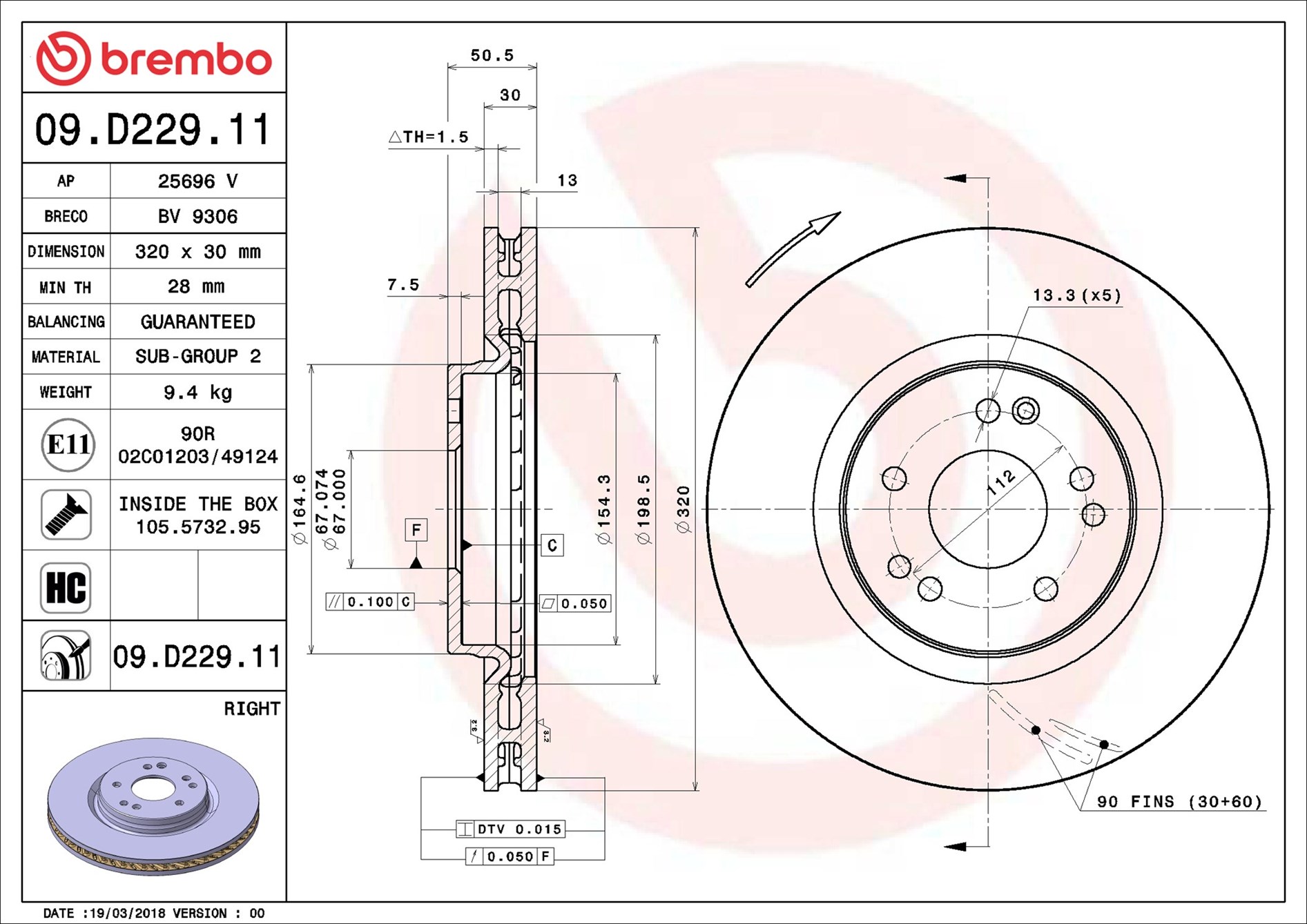 Disco freno BREMBO 09D22911