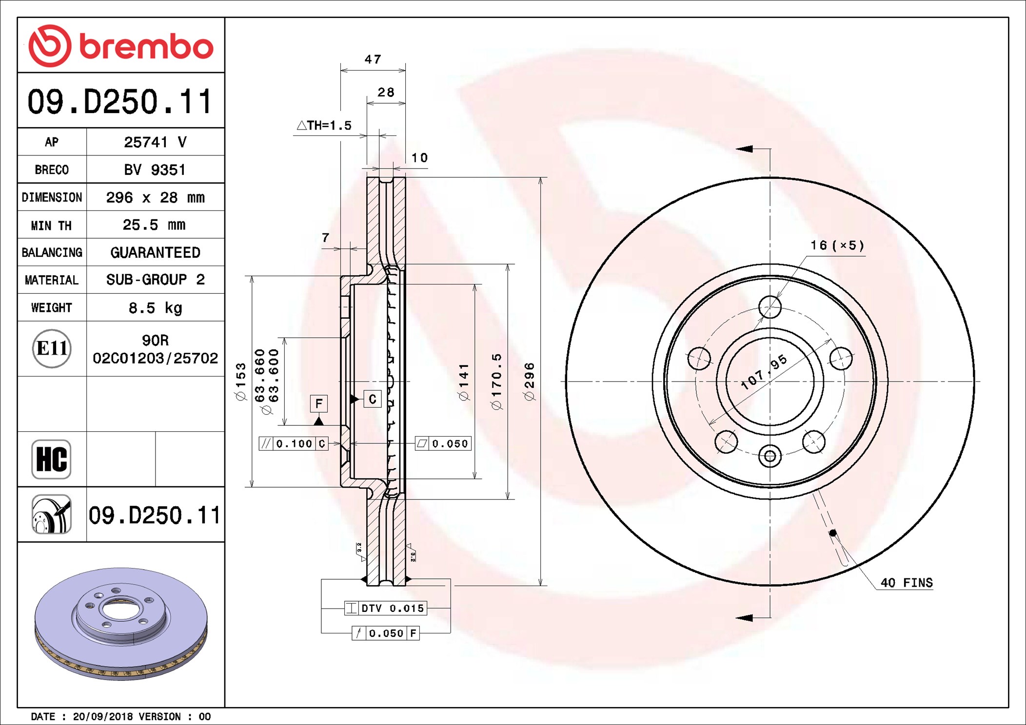 Disco freno BREMBO 09D25011