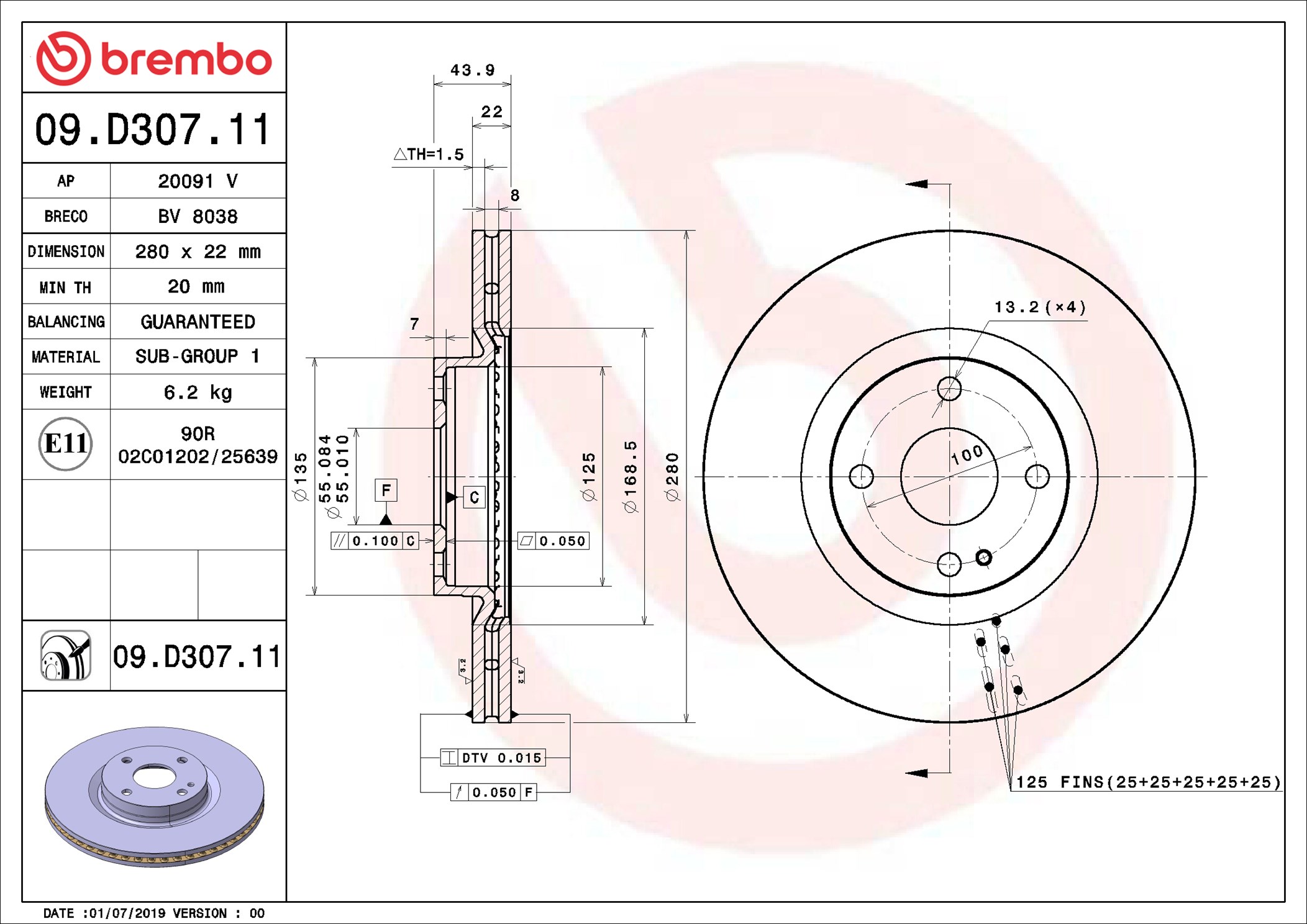 Disco freno BREMBO 09D30711