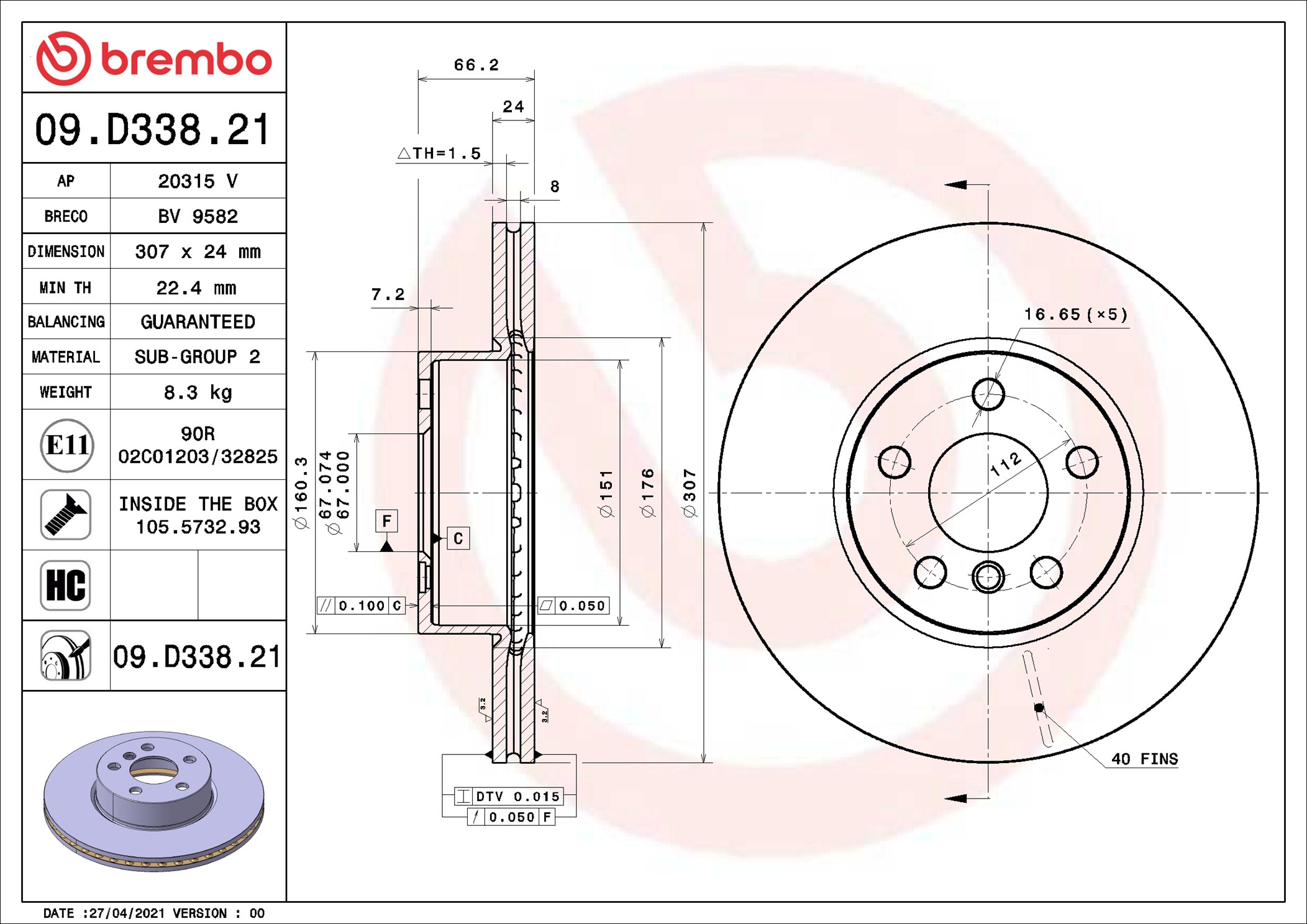 Disco freno BREMBO 09D33821