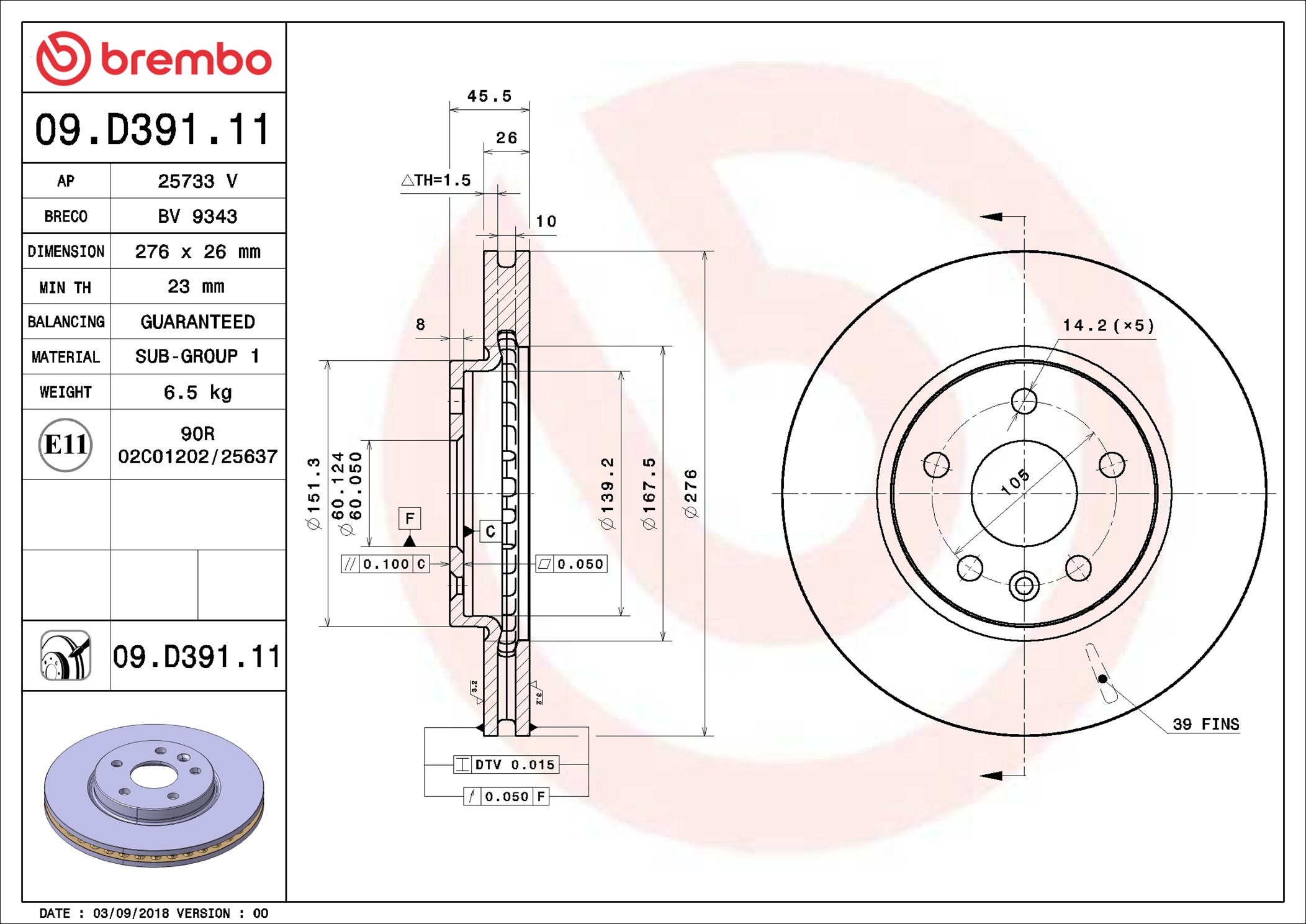 Disco freno BREMBO 09D39111