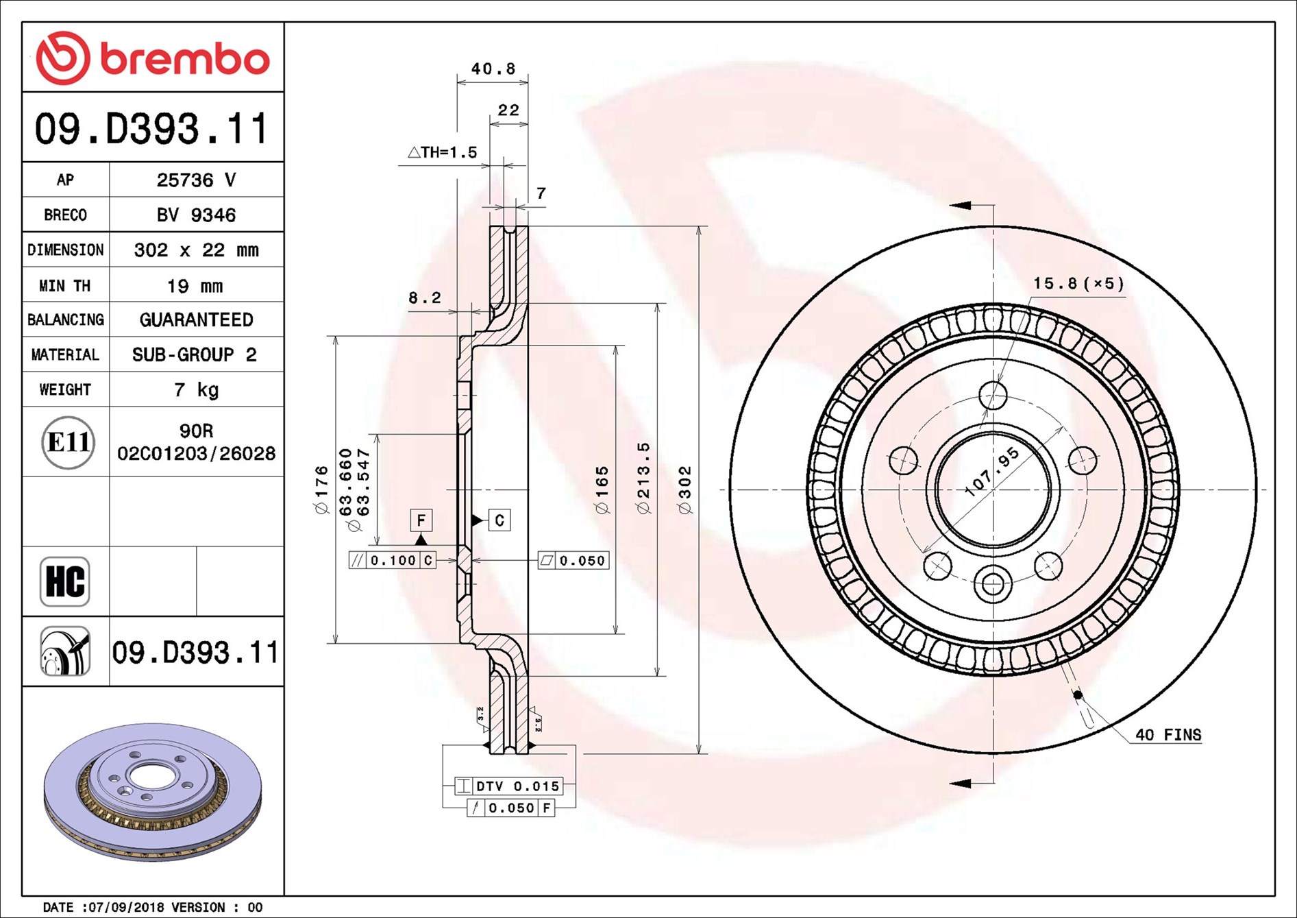 Disco freno BREMBO 09D39311