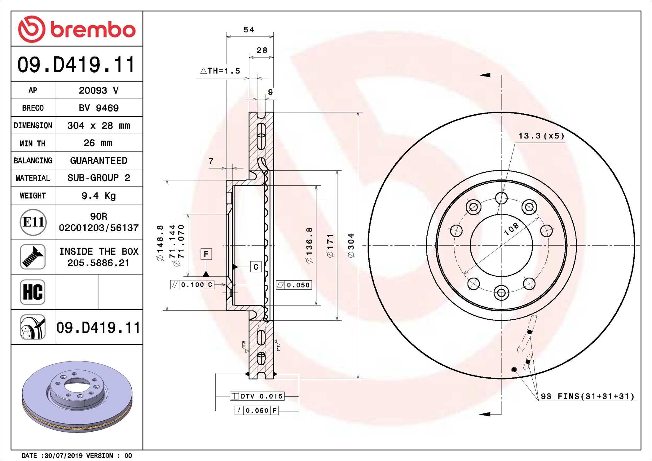 Disco freno BREMBO 09D41911