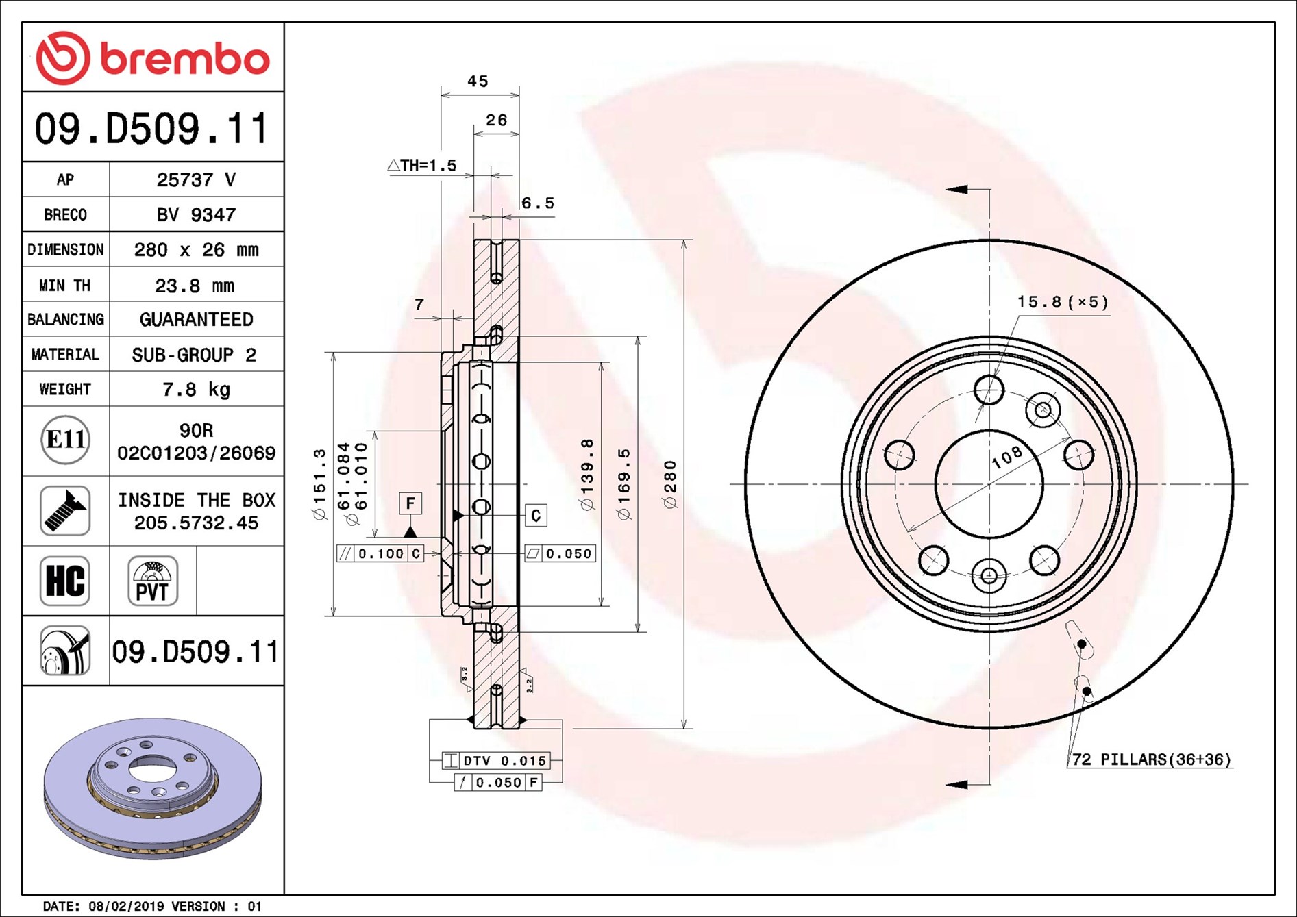 Disco freno BREMBO 09D50911