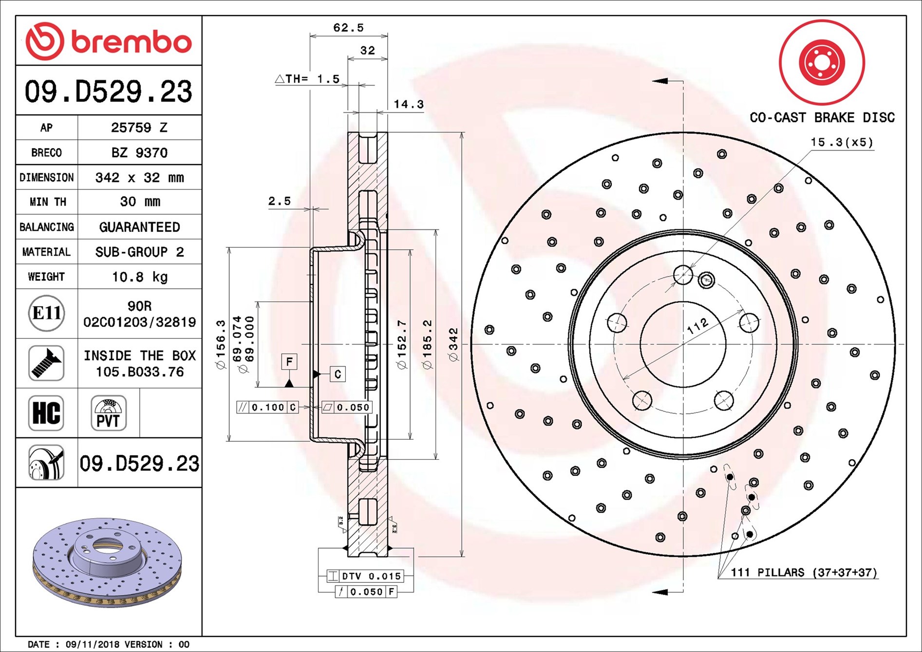 Disco freno BREMBO 09D52923