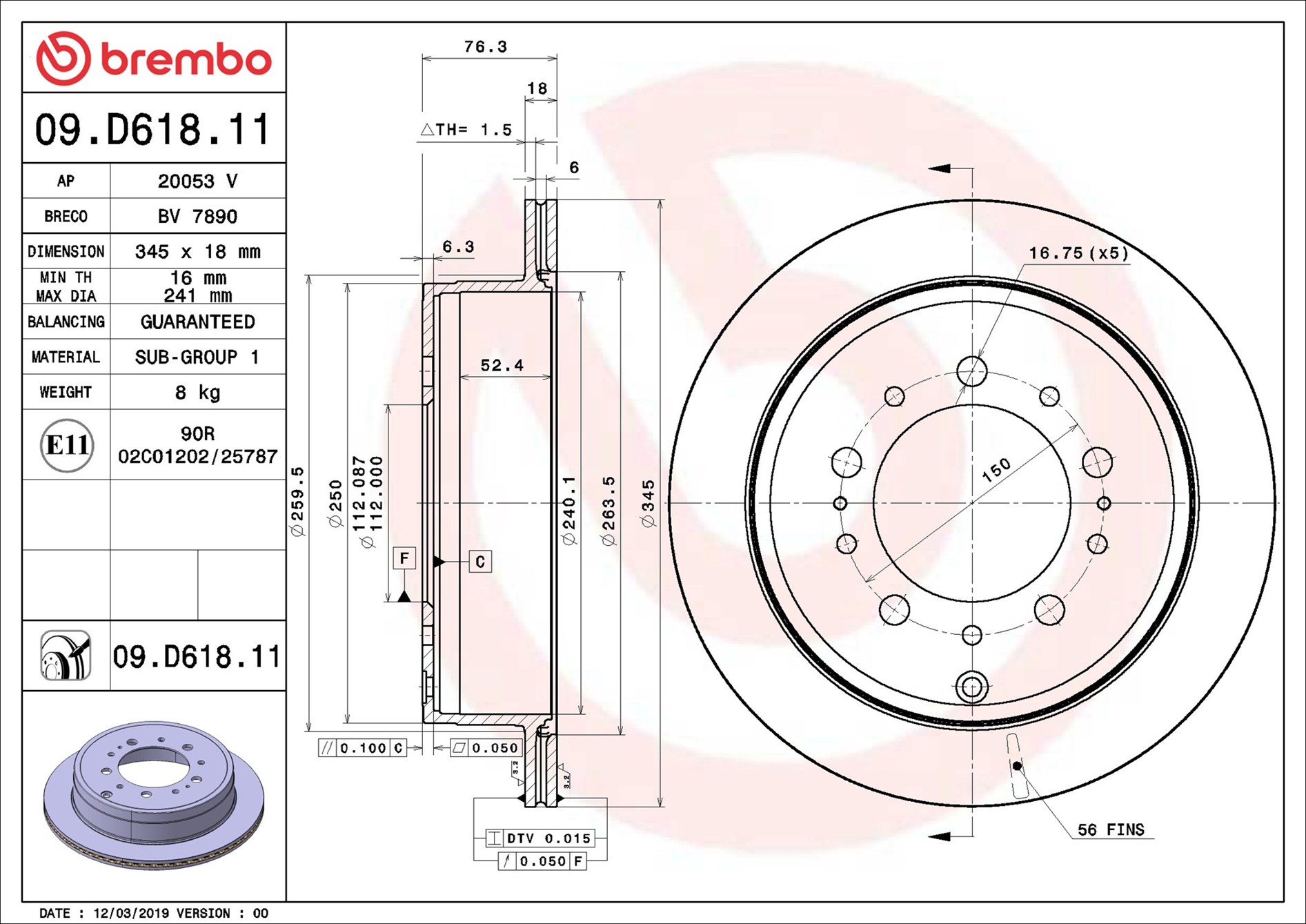 Disco freno BREMBO 09D61811