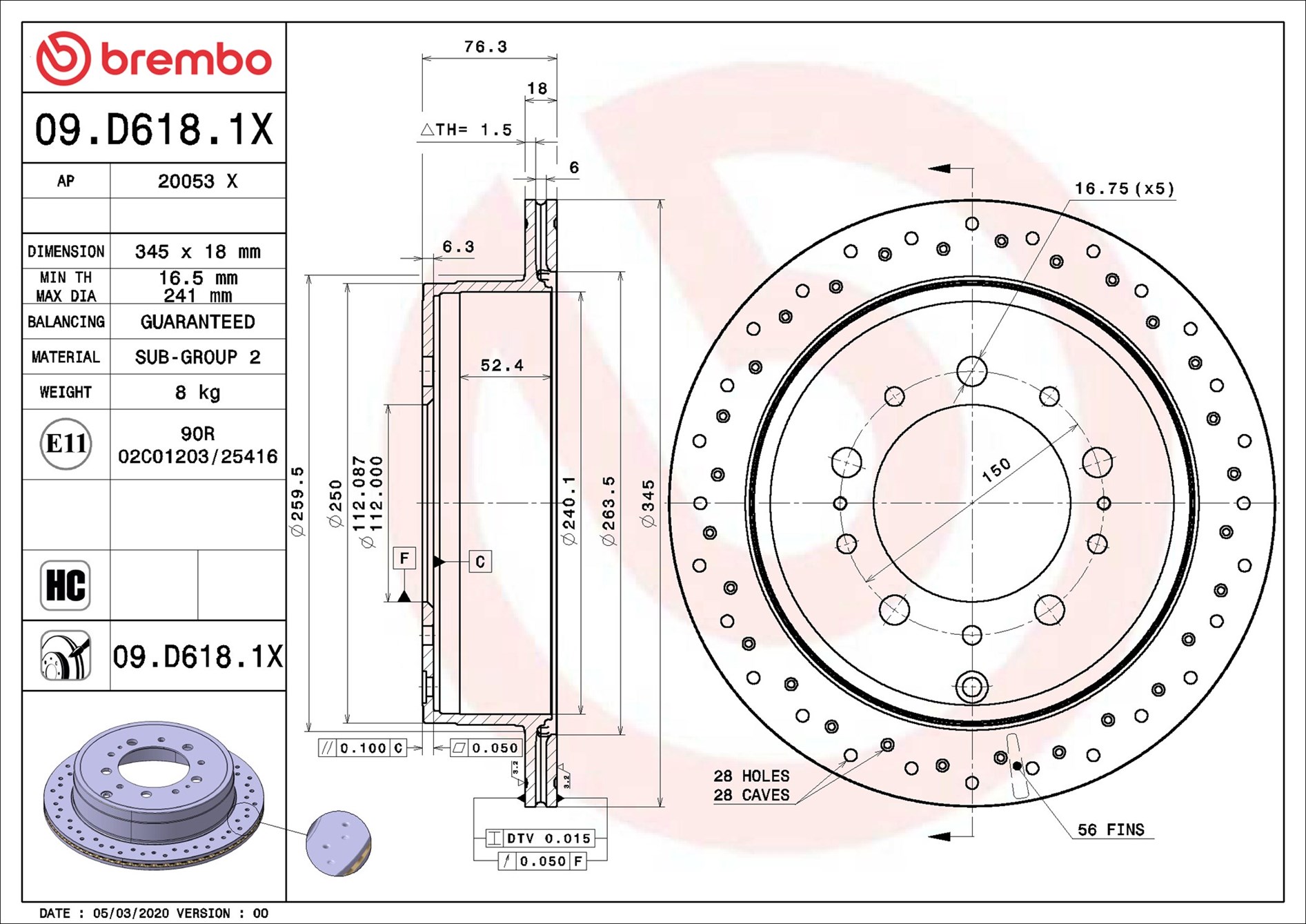 Disco freno BREMBO 09D6181X