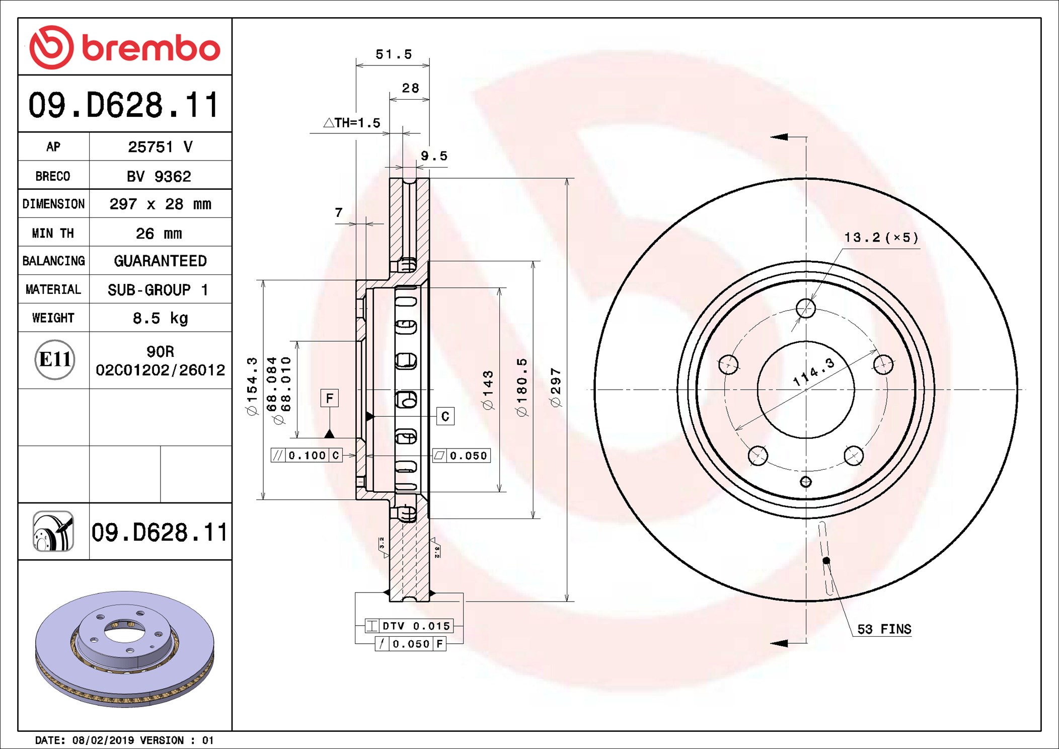 Disco freno BREMBO 09D62811