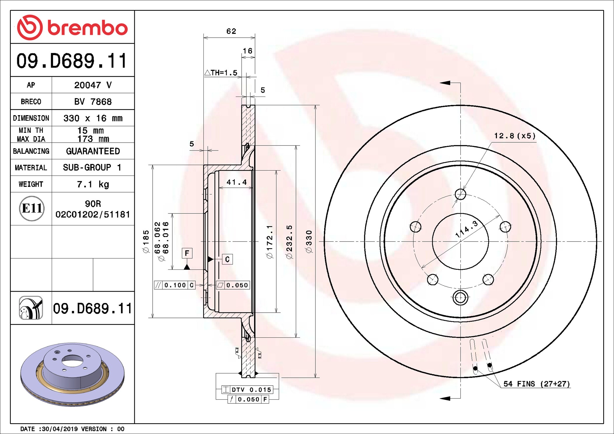 Disco freno BREMBO 09D68911
